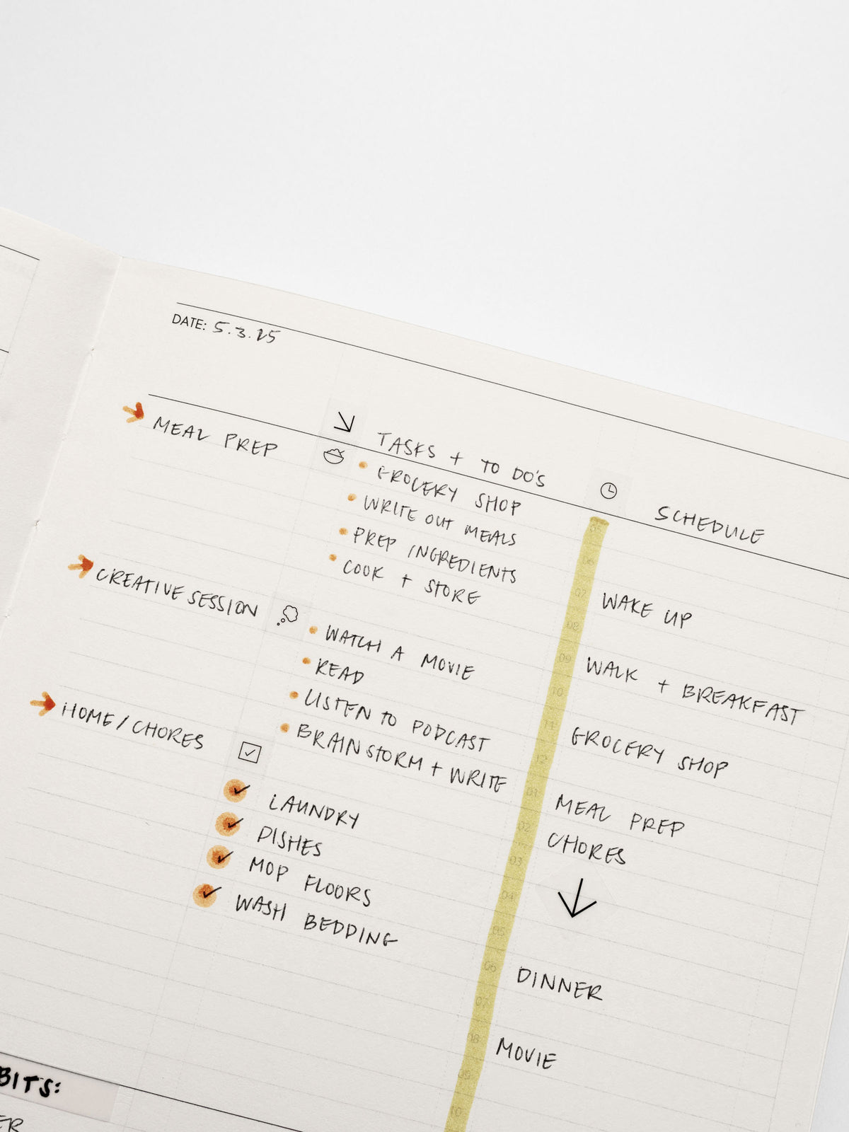 A5 notebook displayed on a neutral background. It is filled out with sample text with several sections highlighted.