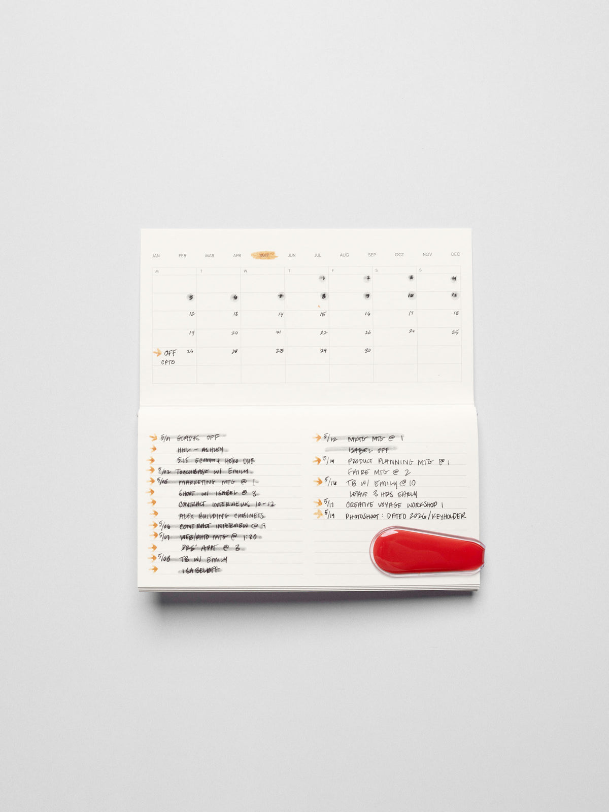 Pocket Plus notebook displayed on a neutral background. Several sections are highlighted and a red Cloth & Paperclip secures the other pages shut.