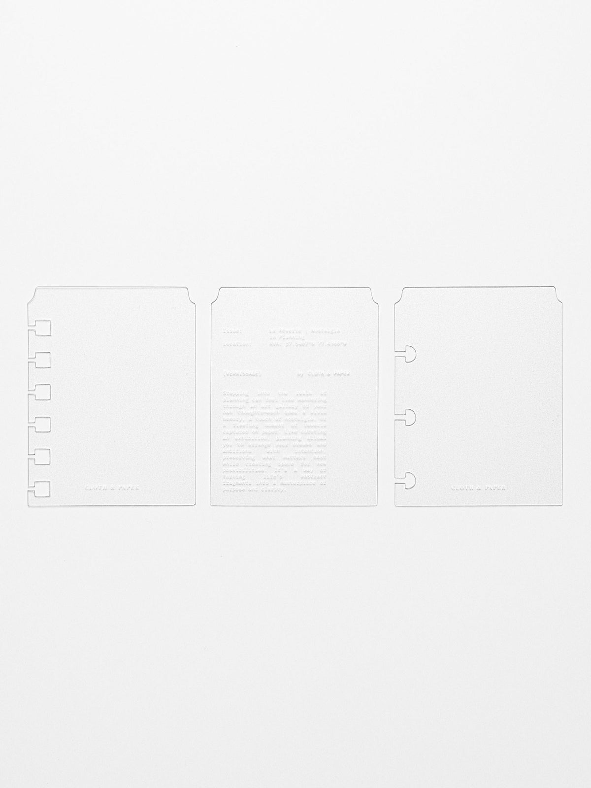 Set of 3 page markers including unpunched, spiral punch, and discbound punched with white printed text.