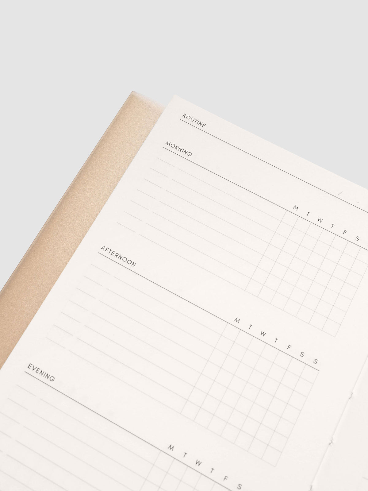 Close up of the Perfect Bound Notebook | CP Petite | Routine Builder open at an angle, blush spine edge beside a ruled routine layout