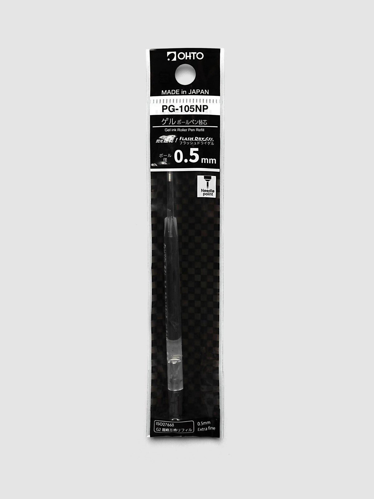 The OHTO PG-105NP Flash Dry Gel Pen Refill | 0.5 mm sealed in its printed retail card, showing the needle point marking and the 0.5 mm ball size