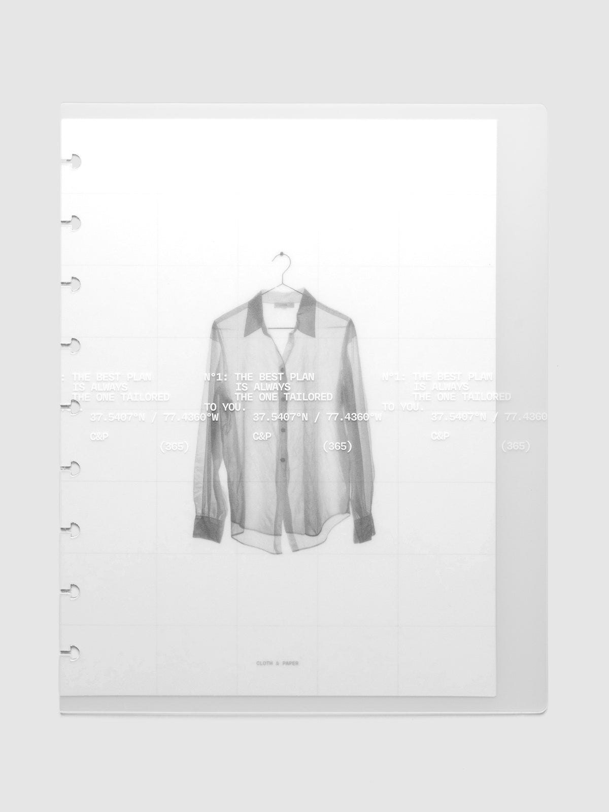 Transparent planner cover set with white printed text design and accompanying black and white dashboard with an image of a tailored shirt on a hanger. Pre-punched for 9-disc planners shown in size HP Classic.