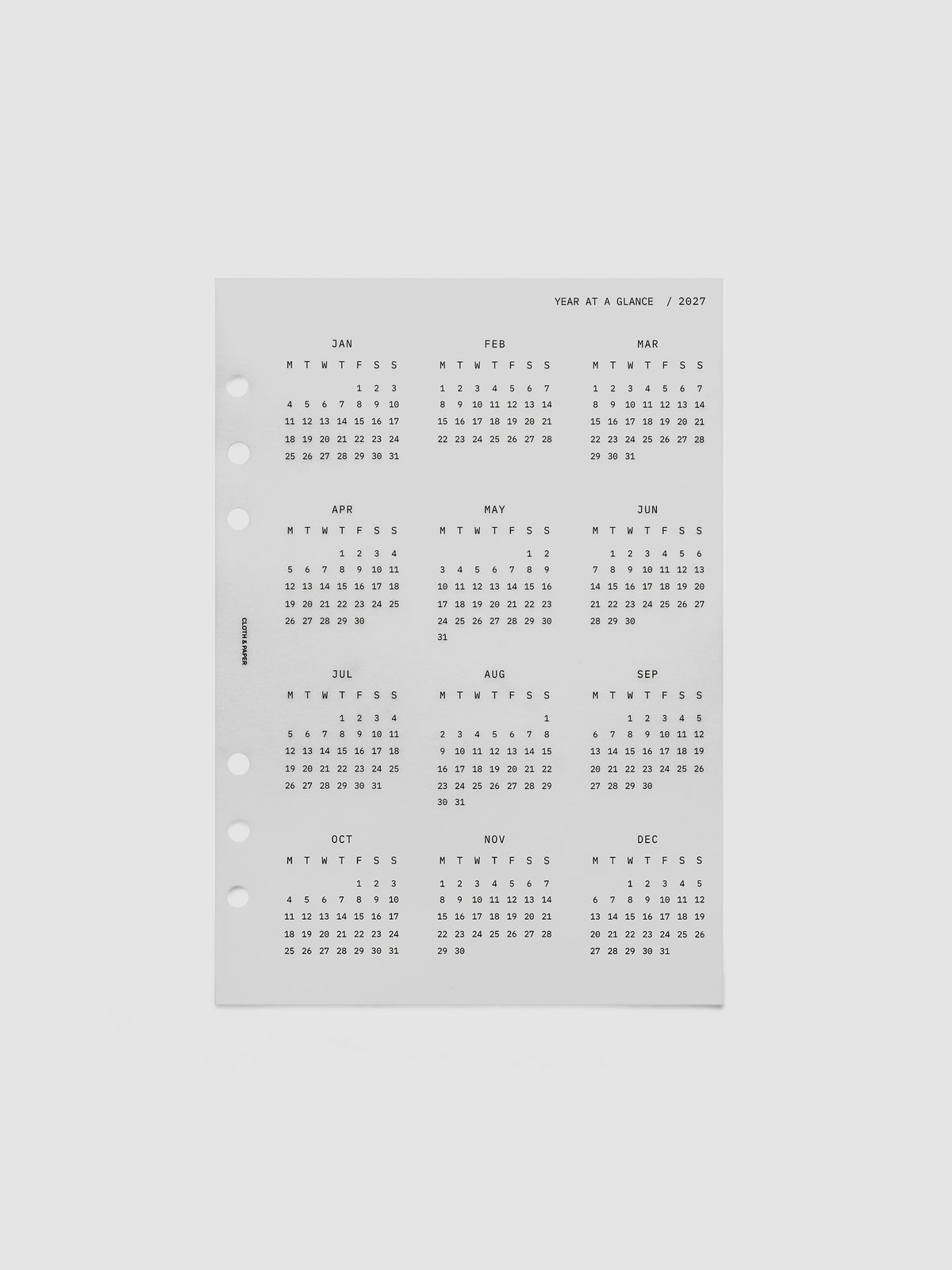 2027 Year At A Glance Dashboard Monday Start, A5 6-Ring Punch, translucent vellum dashboard shown on its own
