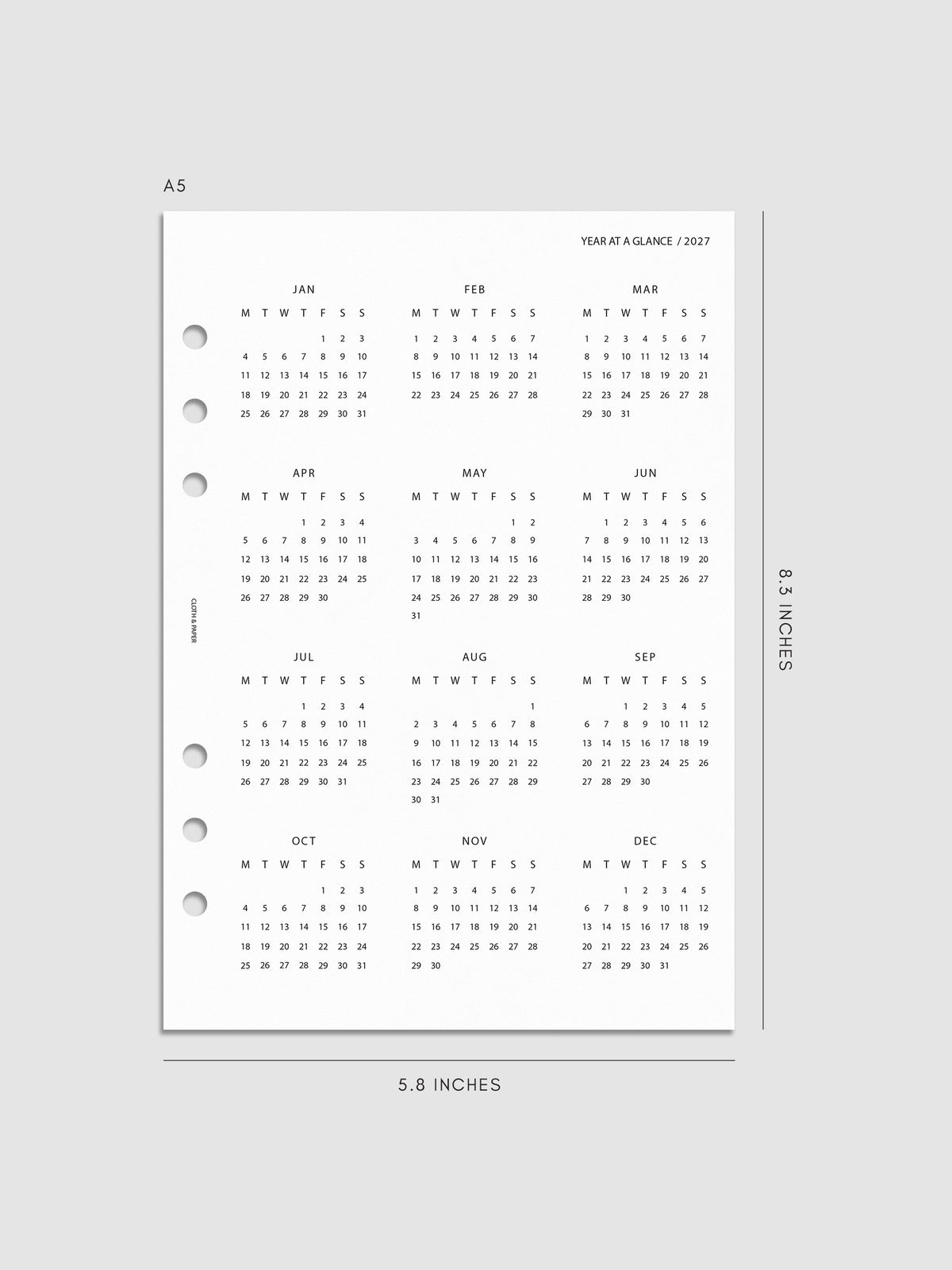 2027 Year At A Glance Dashboard Monday Start, A5 6-Ring Punch, translucent vellum dashboard printed with a full year calendar in Monday-start format