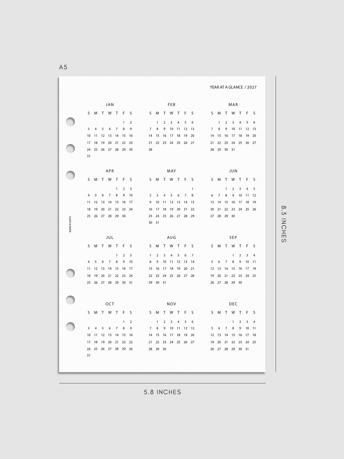 2027 Year At A Glance Dashboard Sunday Start, A5 6-Ring Punch, translucent vellum dashboard printed with a full 2027 year-at-a-glance calendar in Sunday-start format