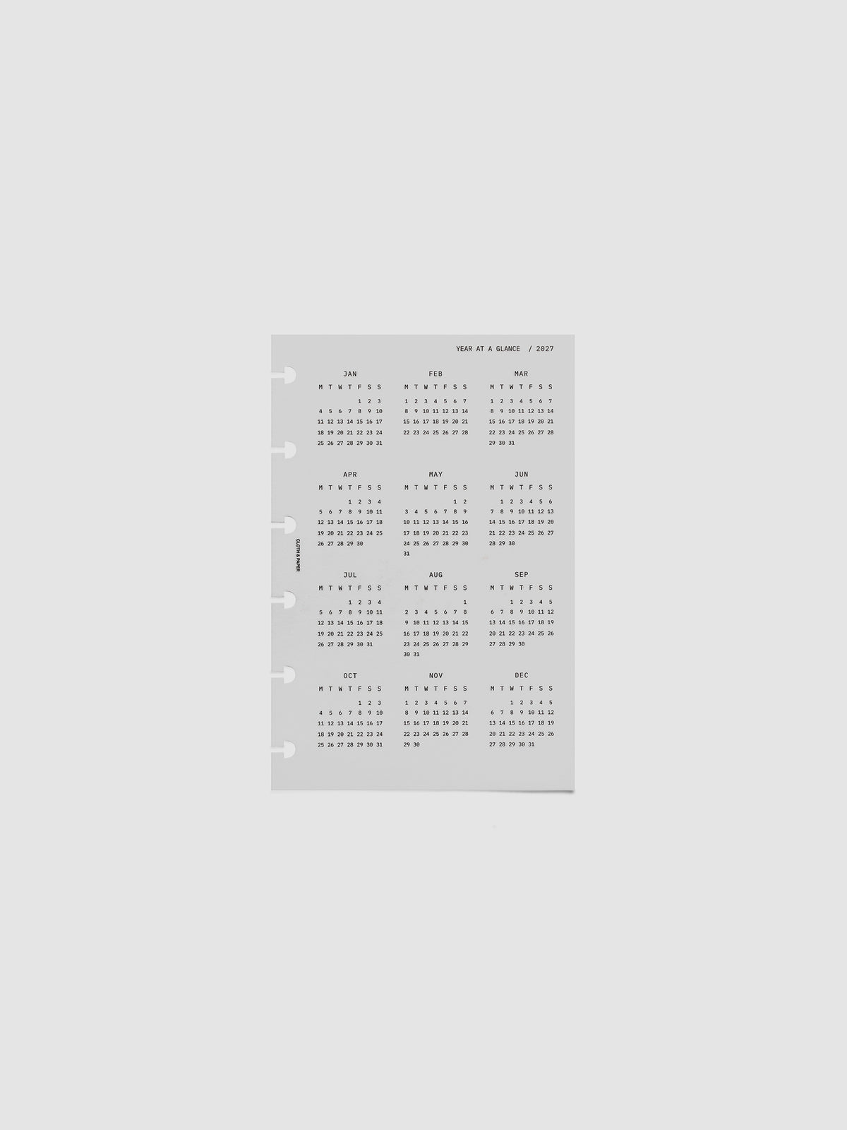 2027 Year At A Glance Dashboard Monday Start, CP Petite 6-Disc Punch, translucent vellum dashboard shown on its own