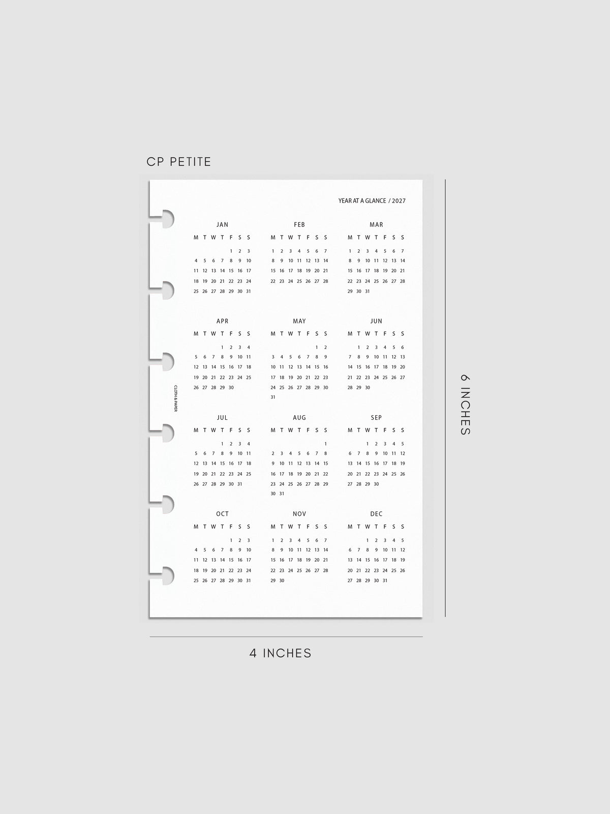 2027 Year At A Glance Dashboard Monday Start, CP Petite 6-Disc Punch, translucent vellum dashboard printed with a full year calendar in Monday-start format
