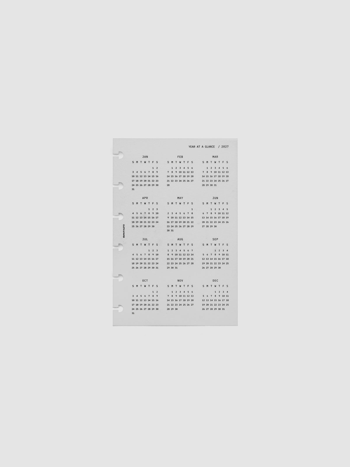 2027 Year At A Glance Dashboard Sunday Start, CP Petite 6-Disc Punch, translucent vellum dashboard shown on its own