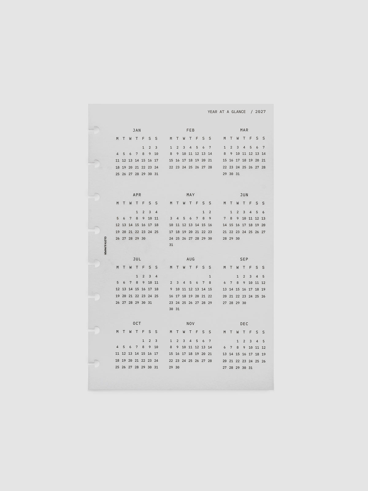 2027 Year At A Glance Dashboard Monday Start, Half Letter 8-Disc Punch, translucent vellum dashboard shown on its own
