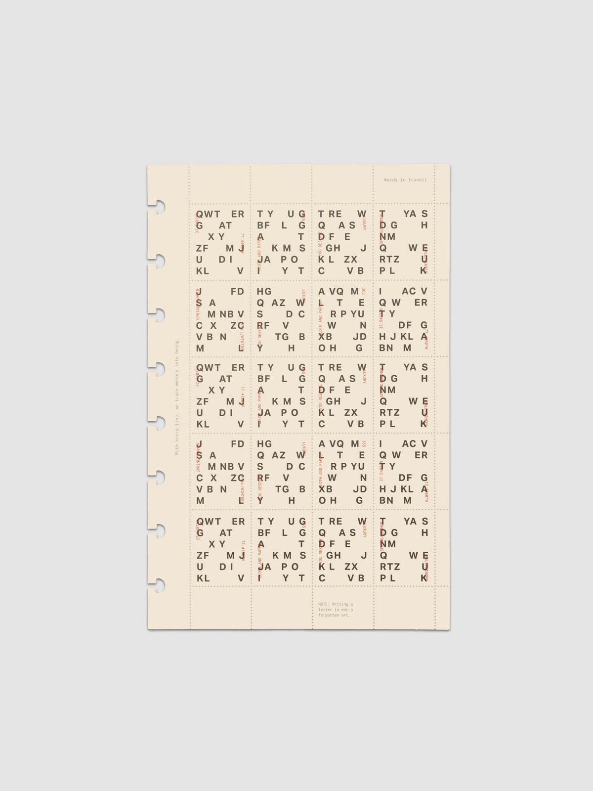 Cream colored Stamp Sheet Planner Dashboard with black text design shown in size Half Letter against a grey background.
