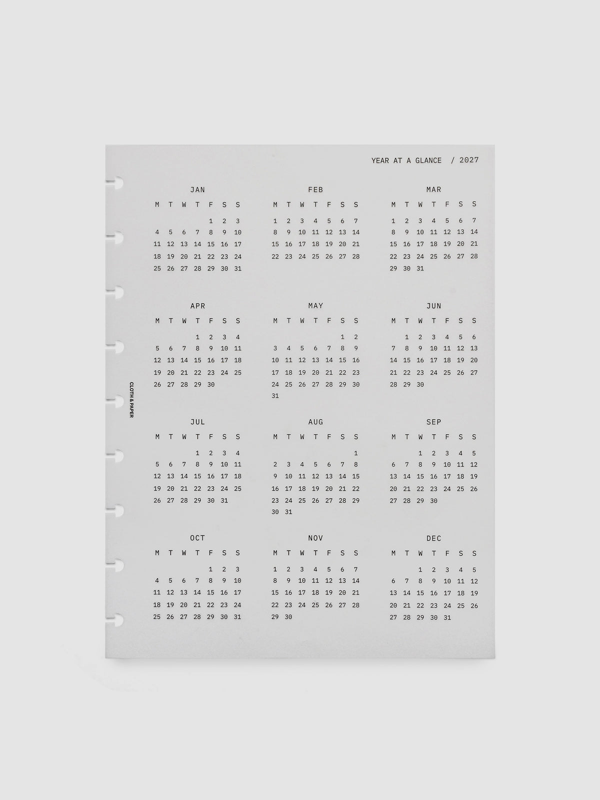 2027 Year At A Glance Dashboard Monday Start, HP Classic 9-Disc Punch, translucent vellum dashboard shown on its own