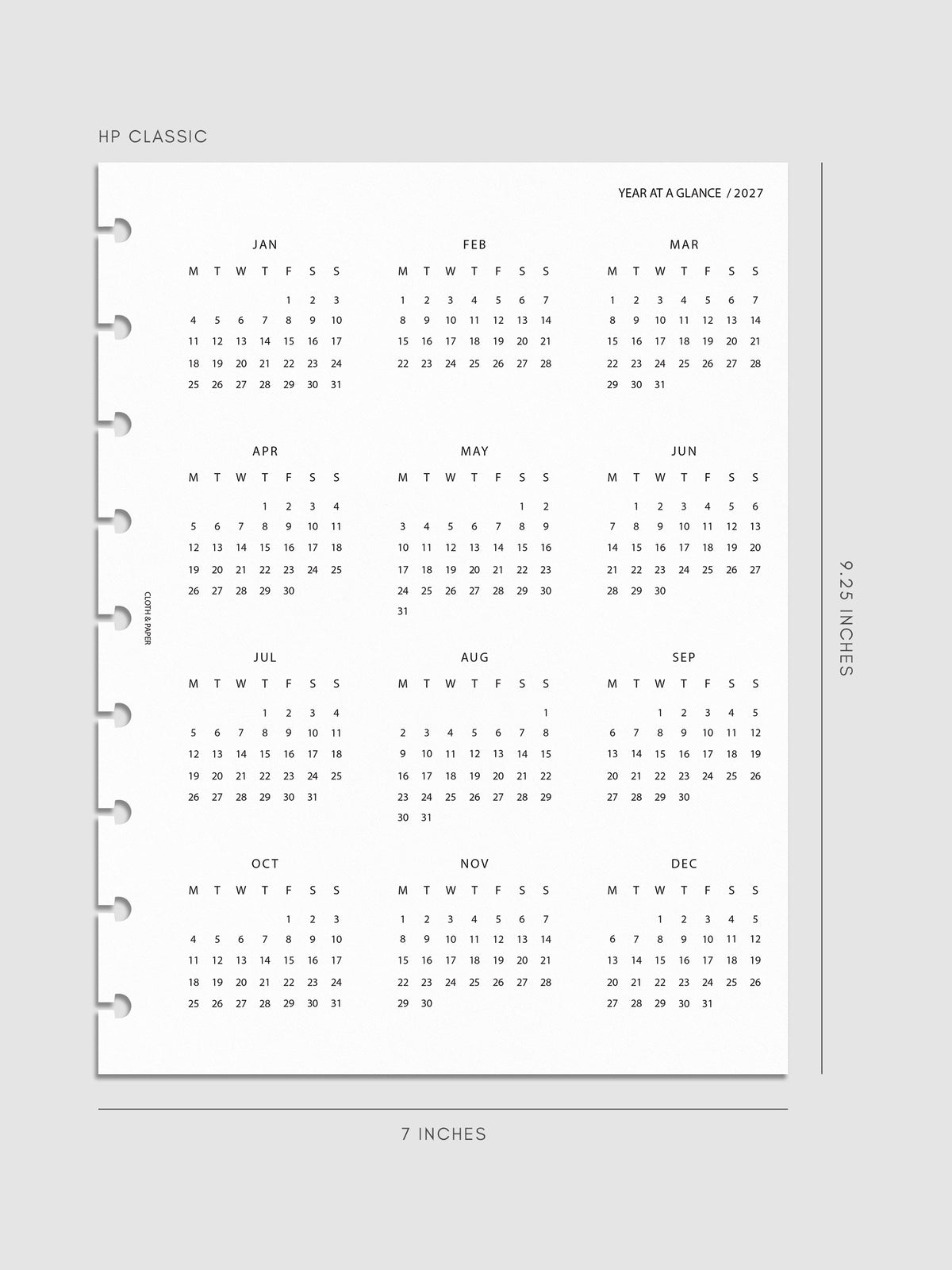 2027 Year At A Glance Dashboard Monday Start, HP Classic 9-Disc Punch, translucent vellum dashboard printed with a full year calendar in Monday-start format