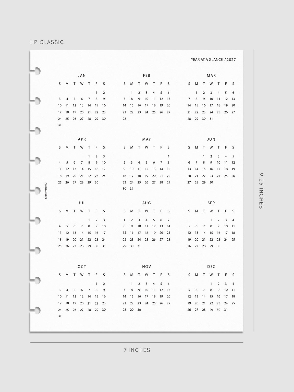 2027 Year At A Glance Dashboard Sunday Start, HP Classic 9-Disc Punch, translucent vellum dashboard printed with a full 2027 year-at-a-glance calendar in Sunday-start format