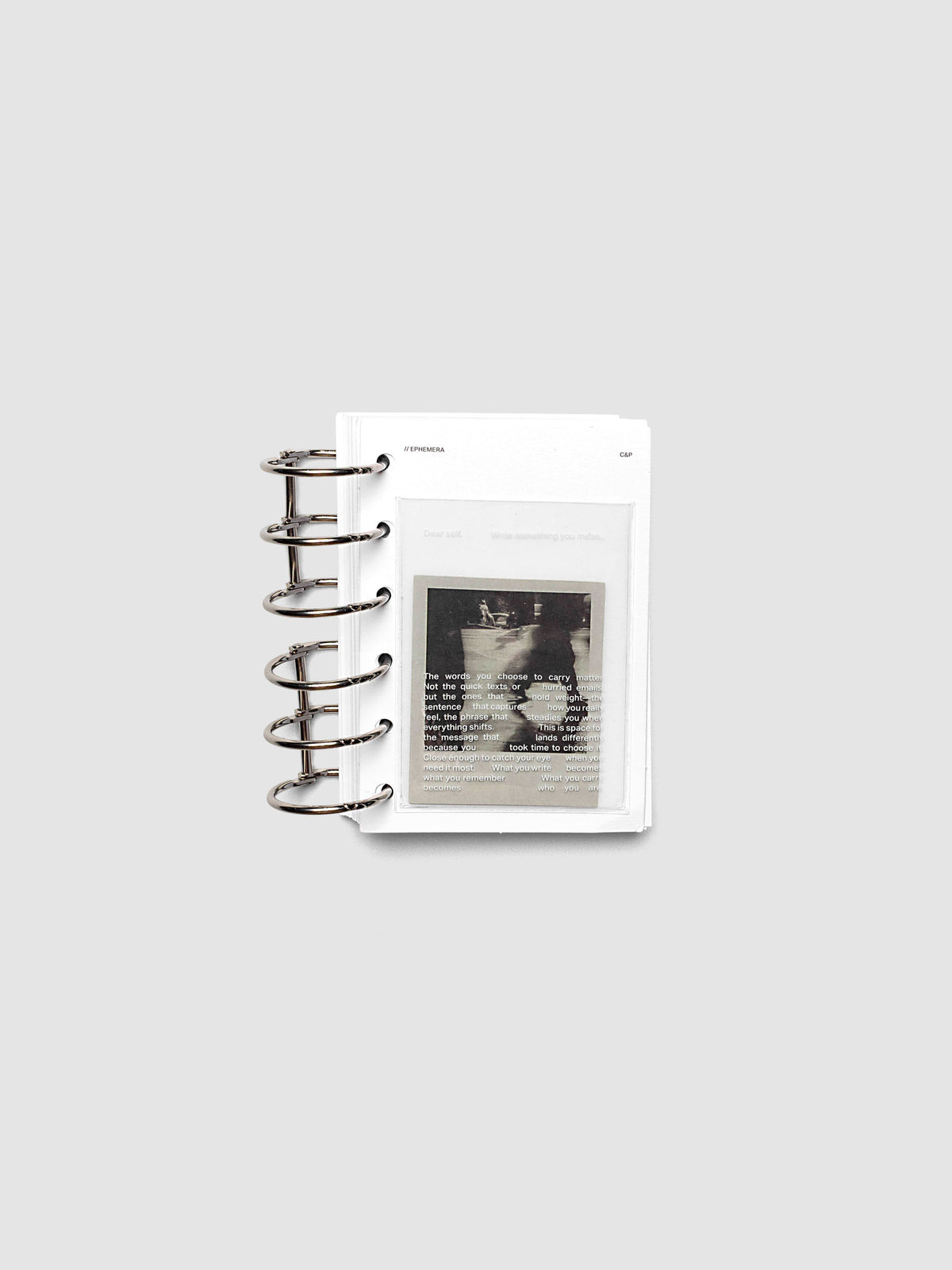 White Ephemera Planner Dashboard shown ring bound in size Personal.
