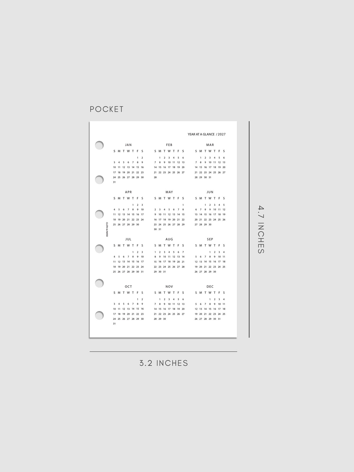 2027 Year At A Glance Dashboard Sunday Start, Pocket 6-Ring Punch, translucent vellum dashboard printed with a full 2027 year-at-a-glance calendar in Sunday-start format