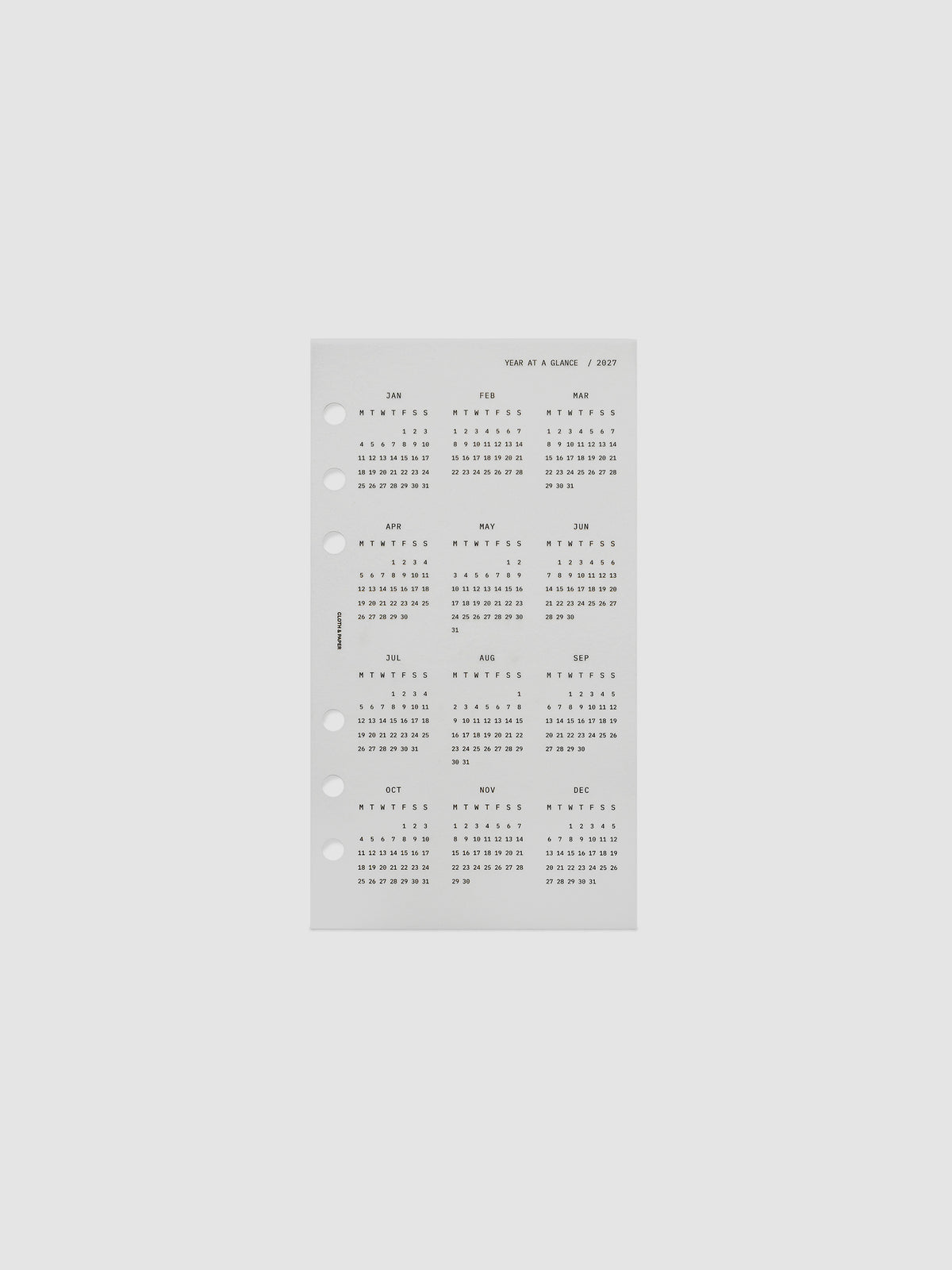2027 Year At A Glance Dashboard Monday Start, Personal 6-Ring Punch, translucent vellum dashboard shown on its own