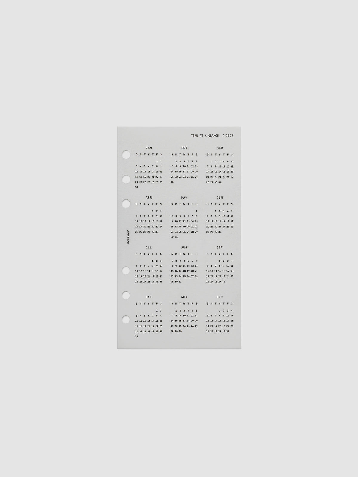 2027 Year At A Glance Dashboard Sunday Start, Personal 6-Ring Punch, translucent vellum dashboard shown on its own