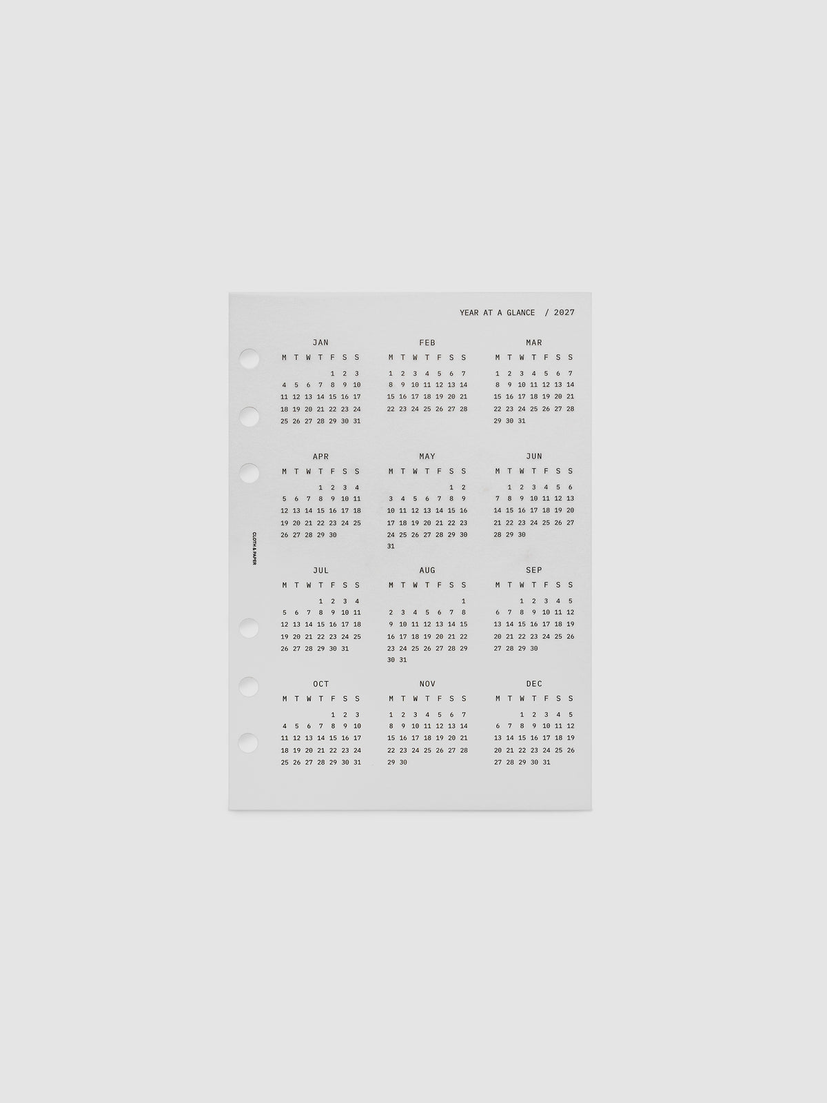 2027 Year At A Glance Dashboard Monday Start, Personal Wide 6-Ring Punch, translucent vellum dashboard shown on its own