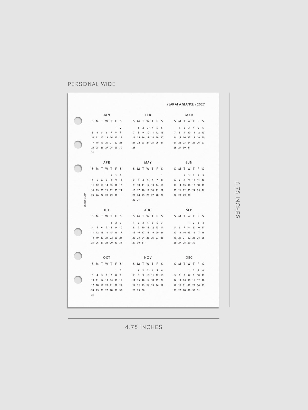 2027 Year At A Glance Dashboard Sunday Start, Personal Wide 6-Ring Punch, translucent vellum dashboard printed with a full 2027 year-at-a-glance calendar in Sunday-start format