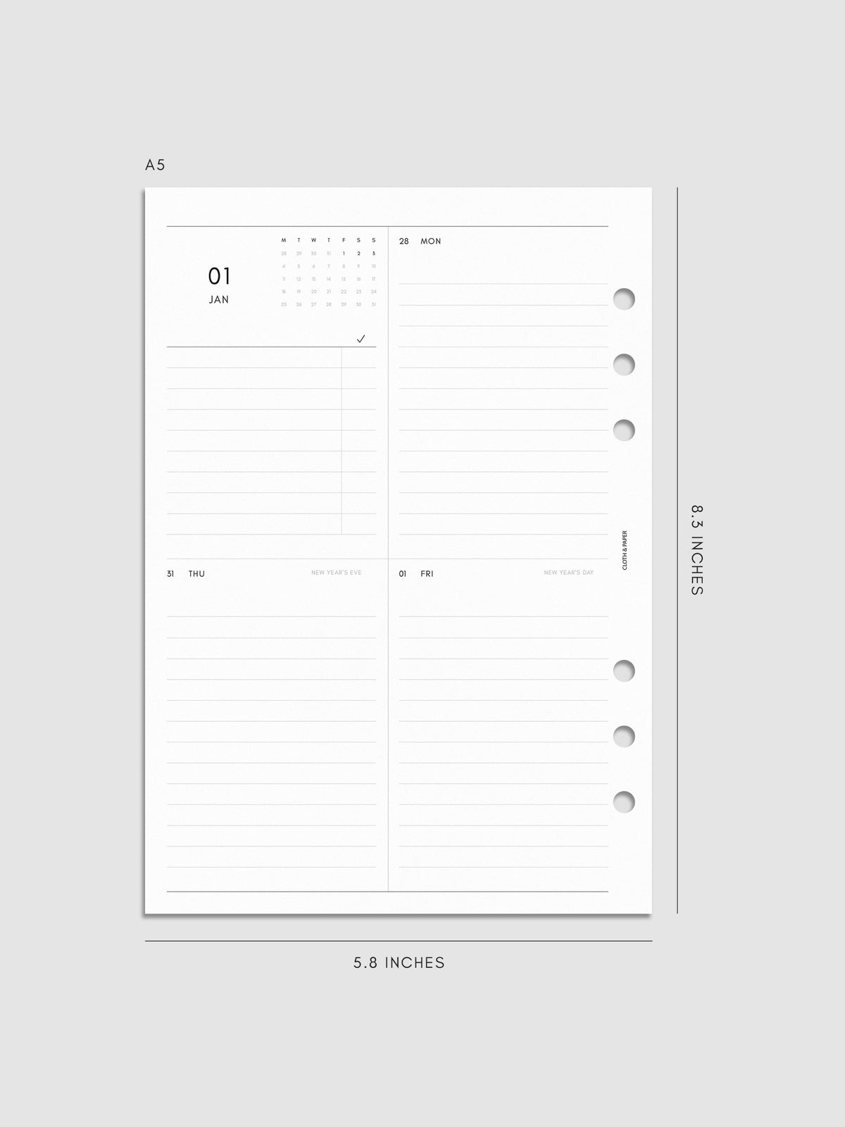 2027 Dated Weekly Vertical Planner Inserts, Monday Start, A5 6-Ring Punch, left page of weekly spread showing a two-column two-row daily grid with mini monthly calendar and task list alongside Monday and lined sections throughout