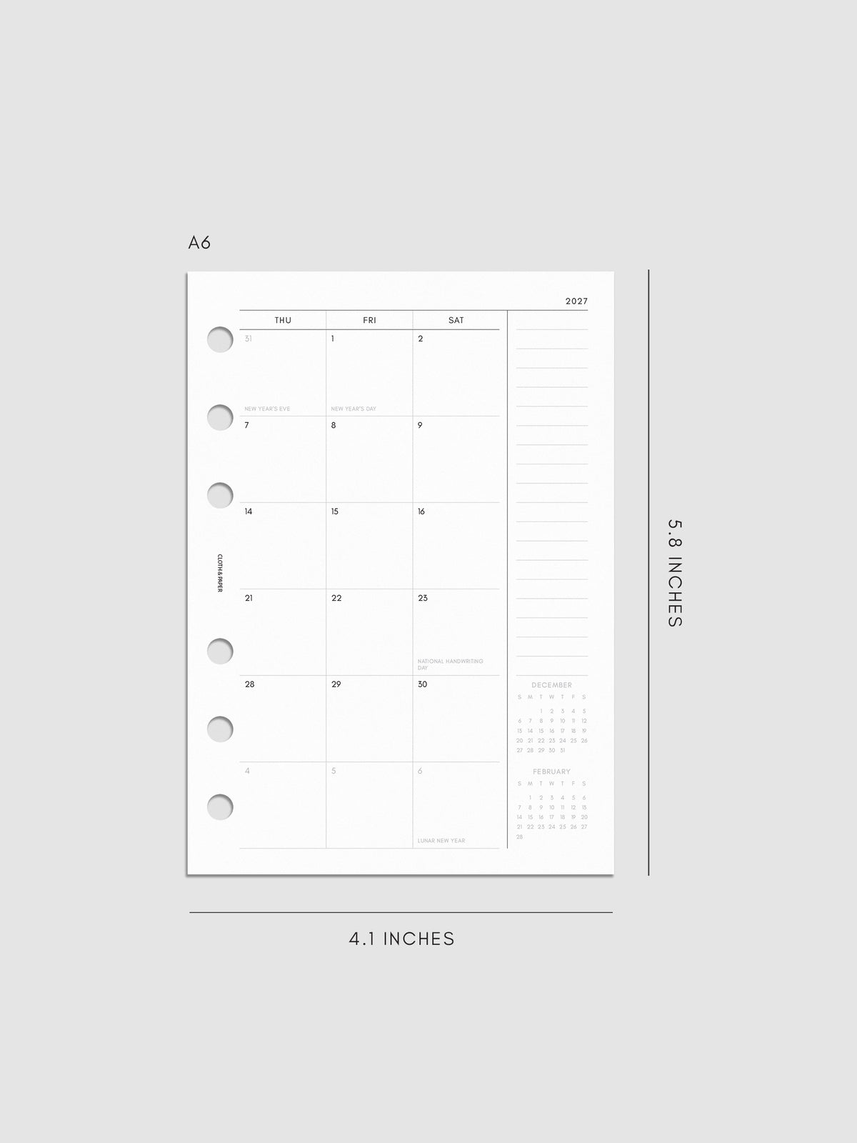 Right page of the 2027 Dated Monthly Sunday Start insert in A6 6-Ring Punch size, showing the dated calendar grid with a notes column and mini calendars in the bottom right corner