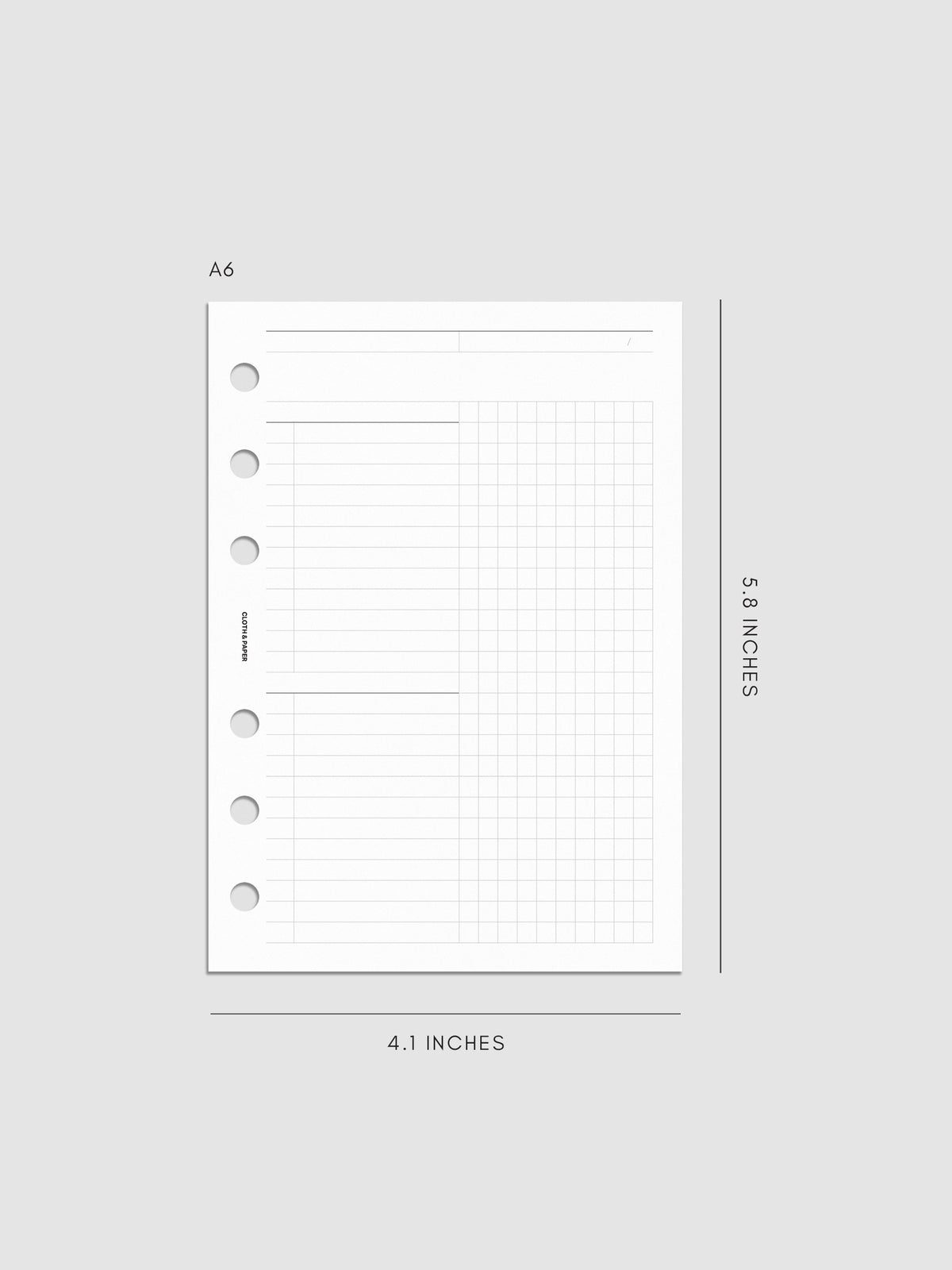 Daily Workflow Planner Inserts, A6 6-Ring Punch, right page showing large graph notes section