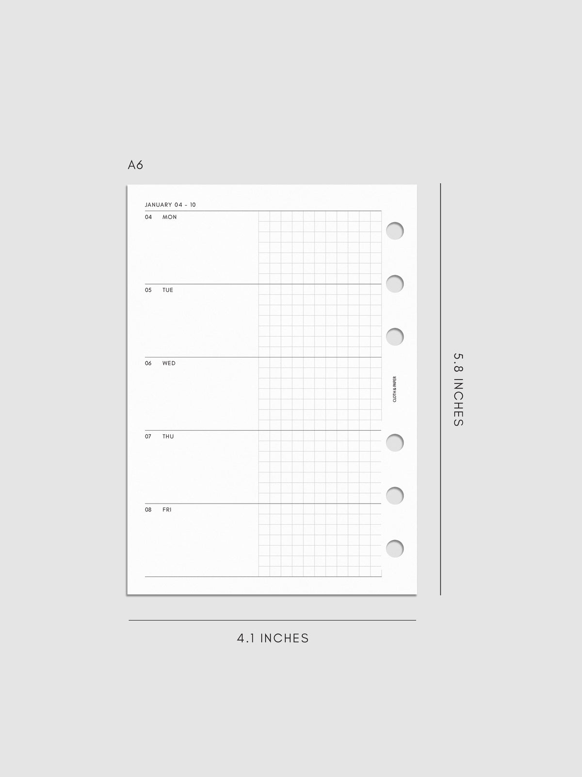 Mockup of the 2027 Dated Weekly Horizontal Planner Inserts | Monday Start's left page shown in size A6 6-Ring Punch.