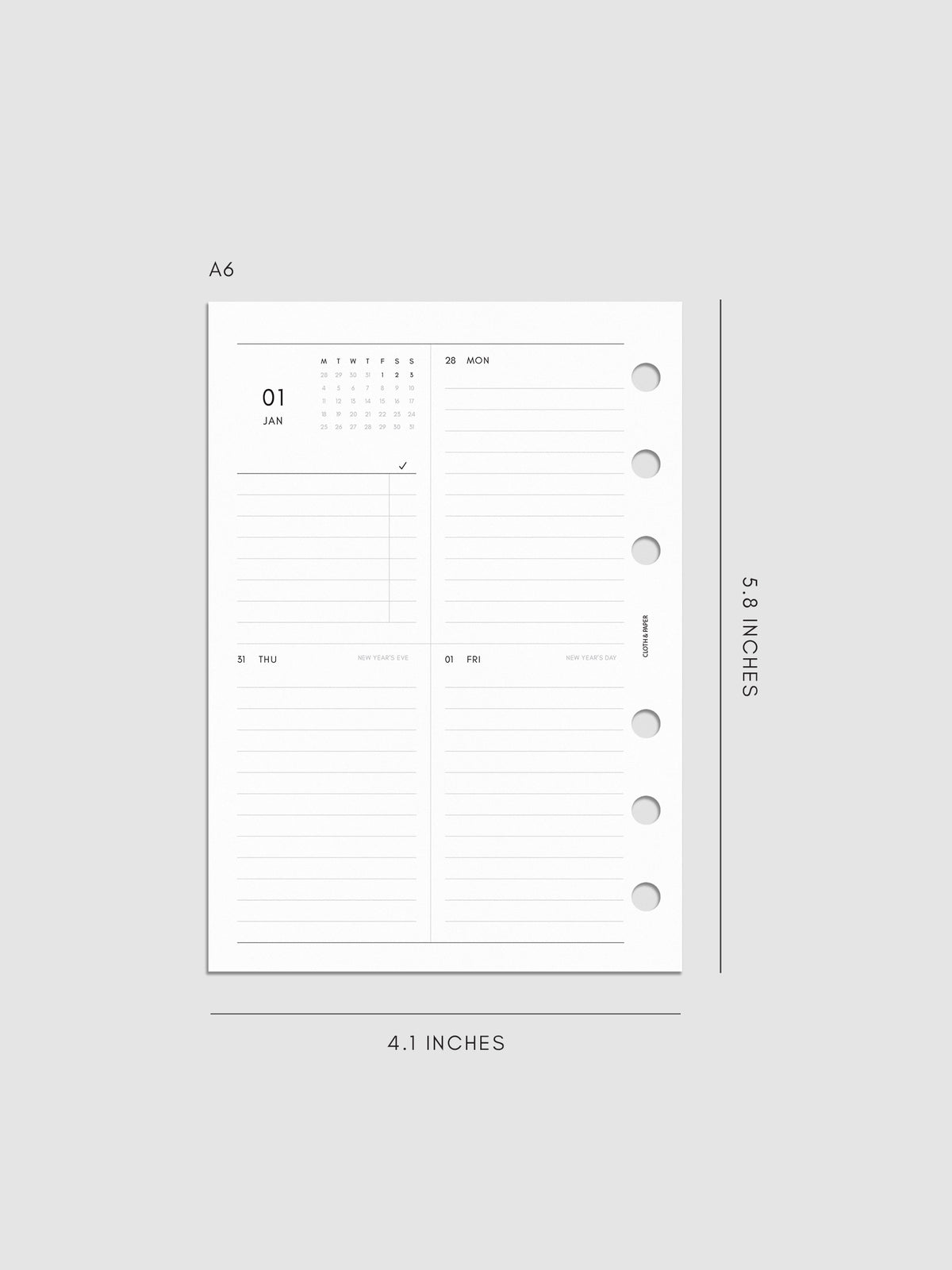 2027 Dated Weekly Vertical Planner Inserts, Monday Start, A6 6-Ring Punch, left page of weekly spread showing a two-column two-row daily grid with mini monthly calendar and task list alongside Monday and lined sections throughout