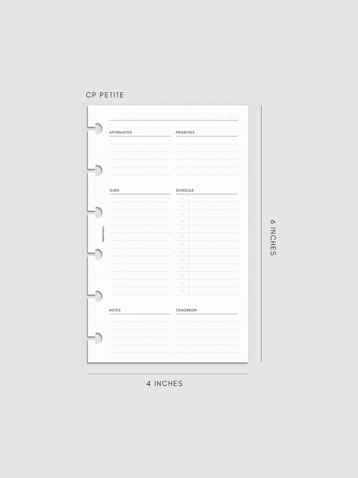 Daily Essentials Planner Inserts digital mockup in size CP Petite, pre-punched for discbound notebooks. Includes headers for affirmations, priorities, tasks, schedule, notes, and tomorrow.