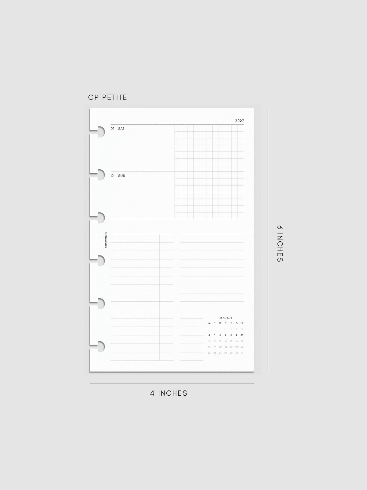 Mockup of the 2027 Dated Weekly Horizontal Planner Inserts | Monday Start's right page shown in size CP Petite 6-Disc Punch.