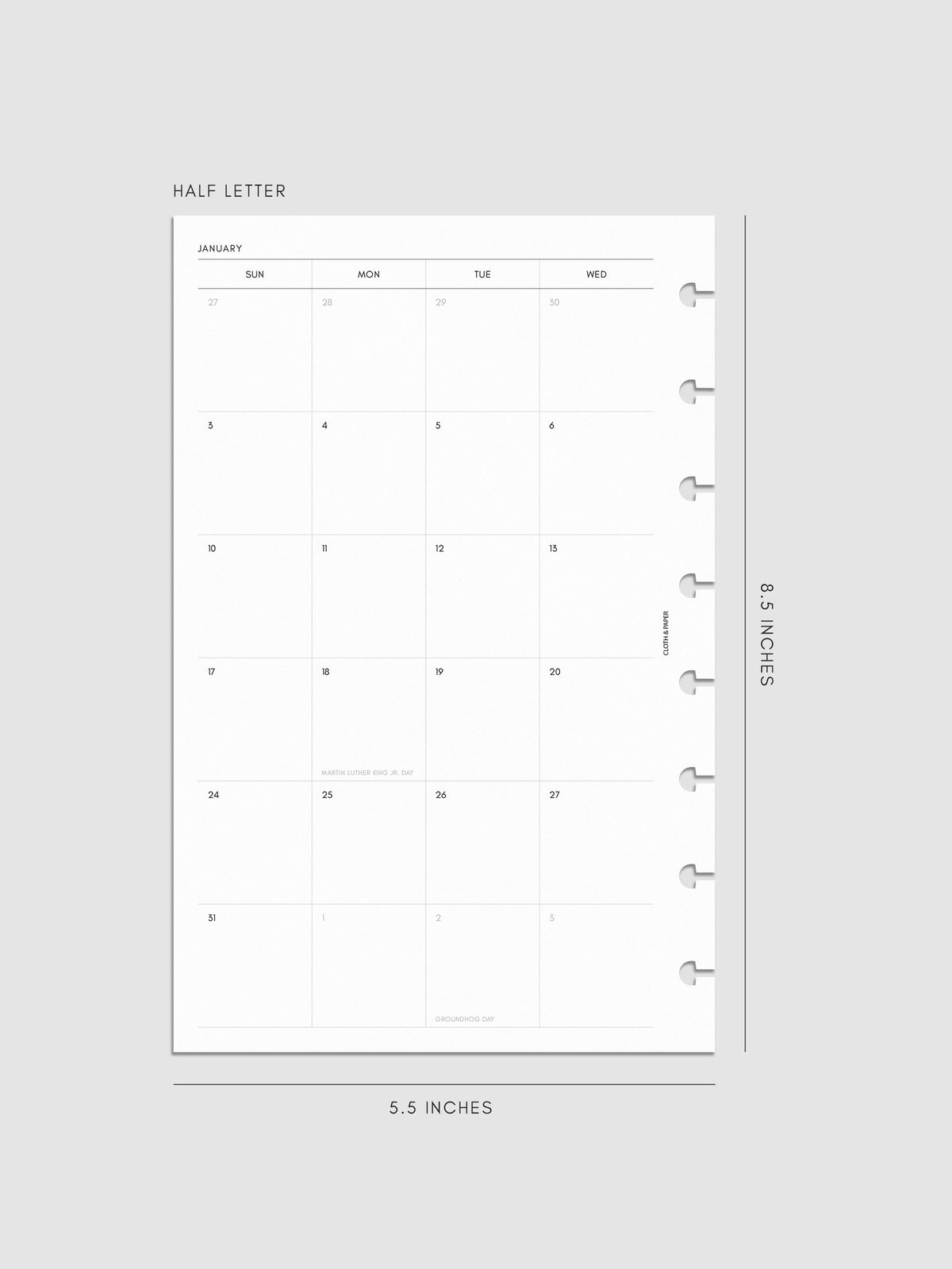 Left page of the 2027 Dated Monthly Sunday Start insert in Half Letter 8-Disc Punch size, showing the dated calendar grid