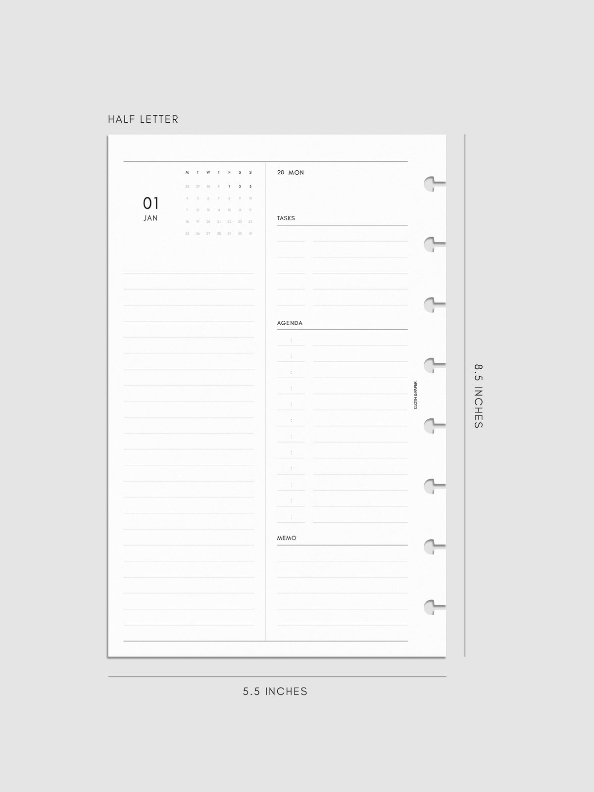 Left page layout of the 2027 Dated Daily Inserts | Monday Start in size Half Letter 8-Disc Punch