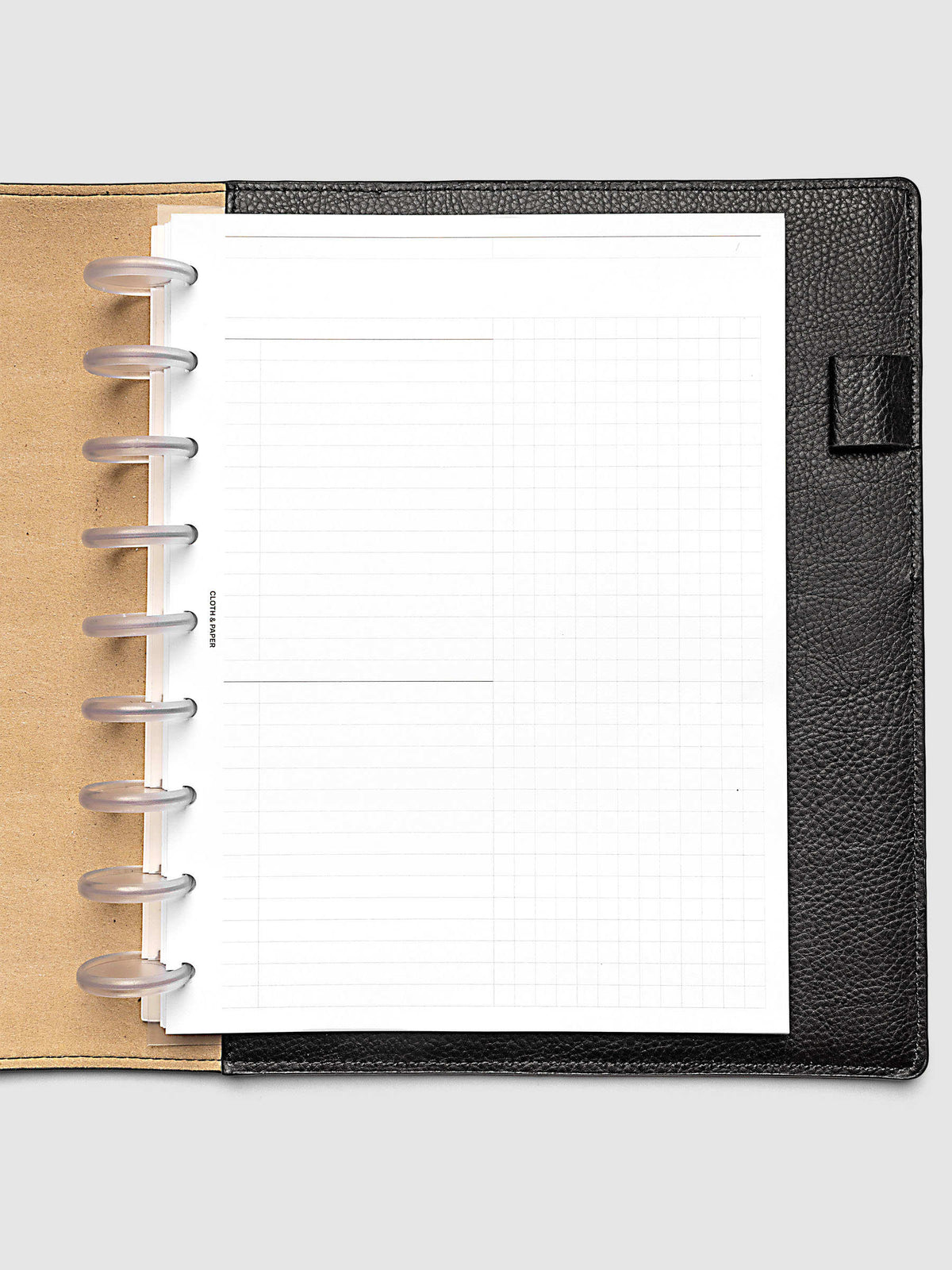 Daily Workflow Planner Inserts, HP Classic 9-Disc Punch, right page showing large graph notes section inside a planner
