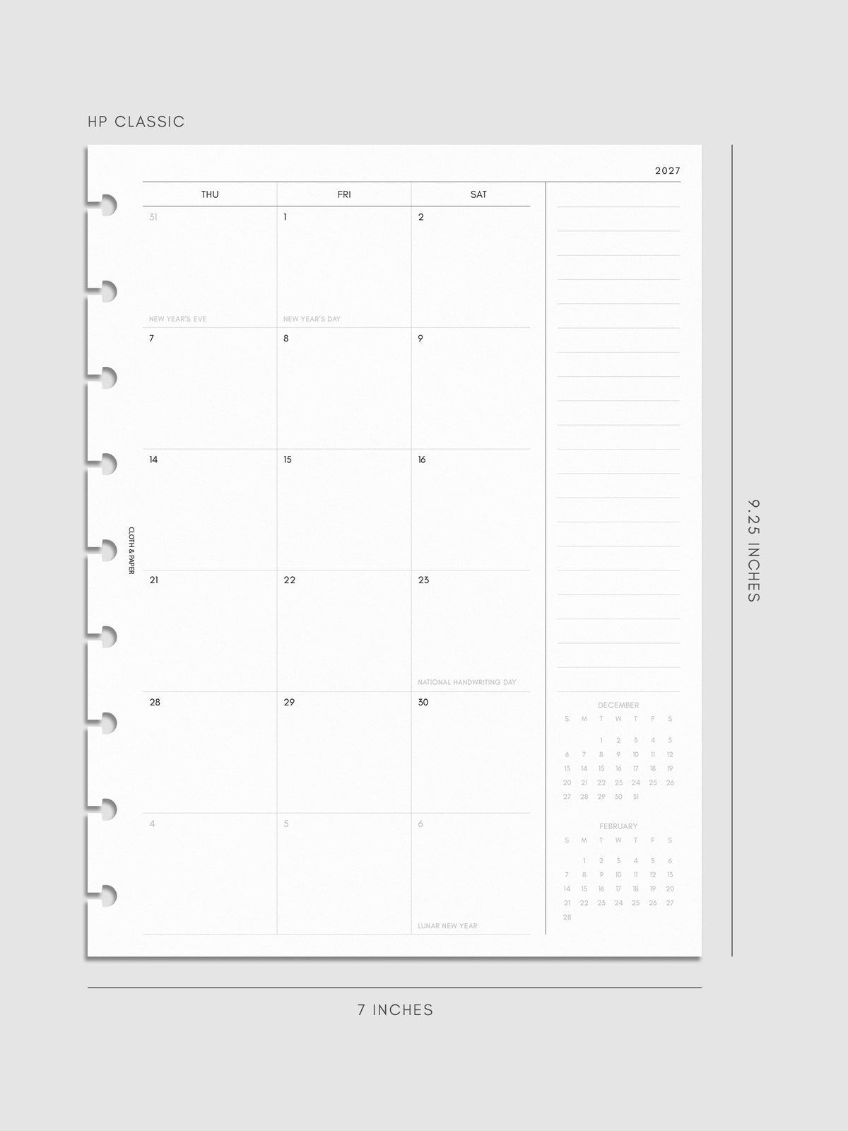 Right page of the 2027 Dated Monthly Sunday Start insert in HP Classic 9-Disc Punch size, showing the dated calendar grid with a notes column and mini calendars in the bottom right corner
