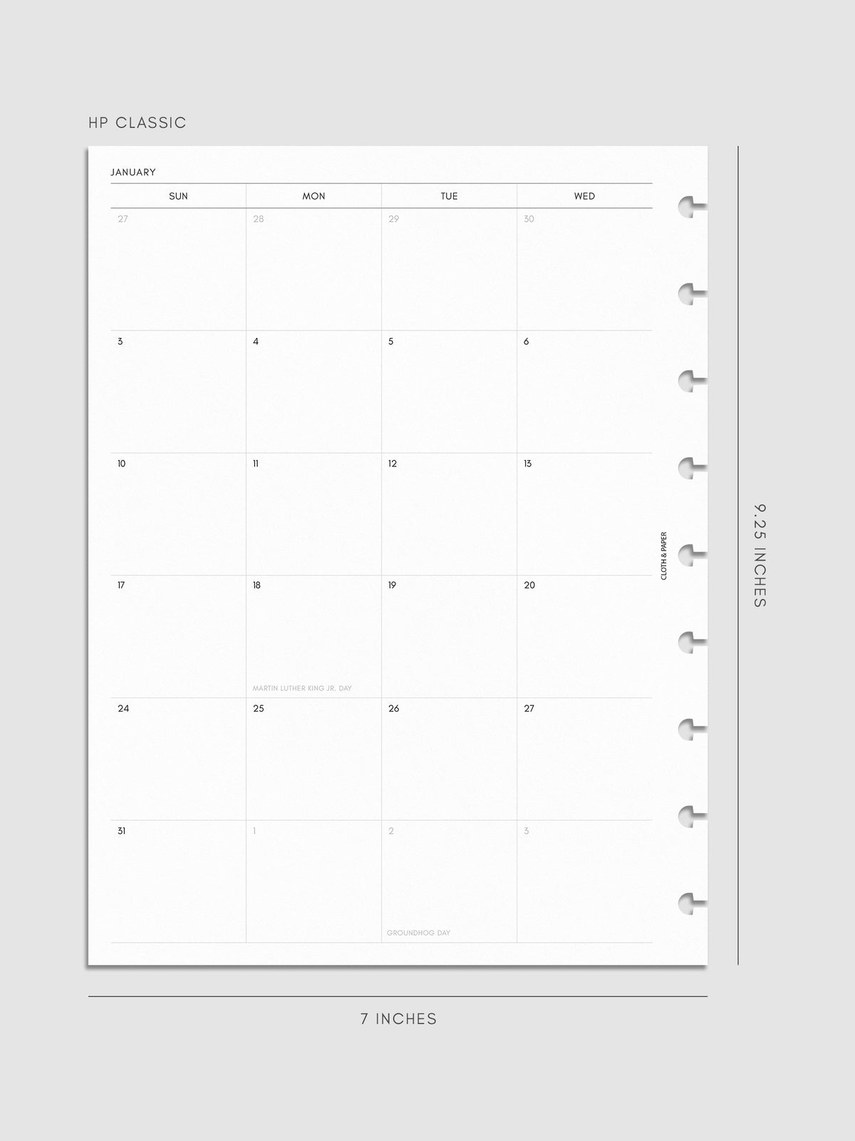 Left page of the 2027 Dated Monthly Sunday Start insert in HP Classic 9-Disc Punch size, showing the dated calendar grid