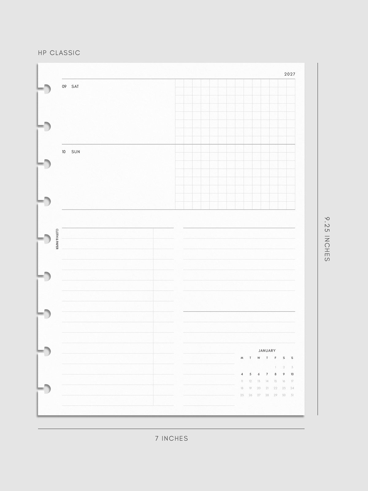 Mockup of the 2027 Dated Weekly Horizontal Planner Inserts | Monday Start's right page shown in size HP Classic 9-Disc Punch.