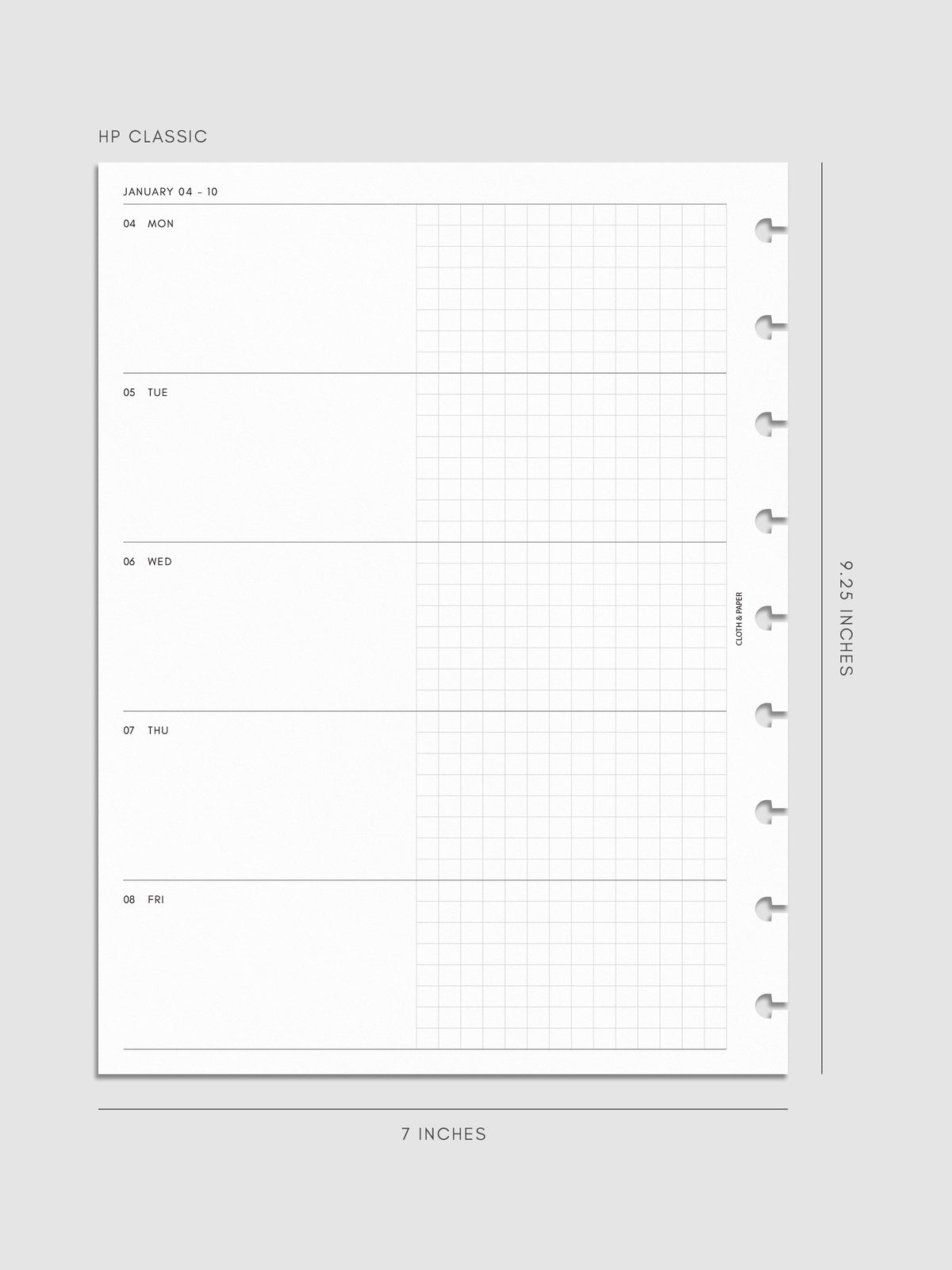 Mockup of the 2027 Dated Weekly Horizontal Planner Inserts | Monday Start's left page shown in size HP Classic 9-Disc Punch.