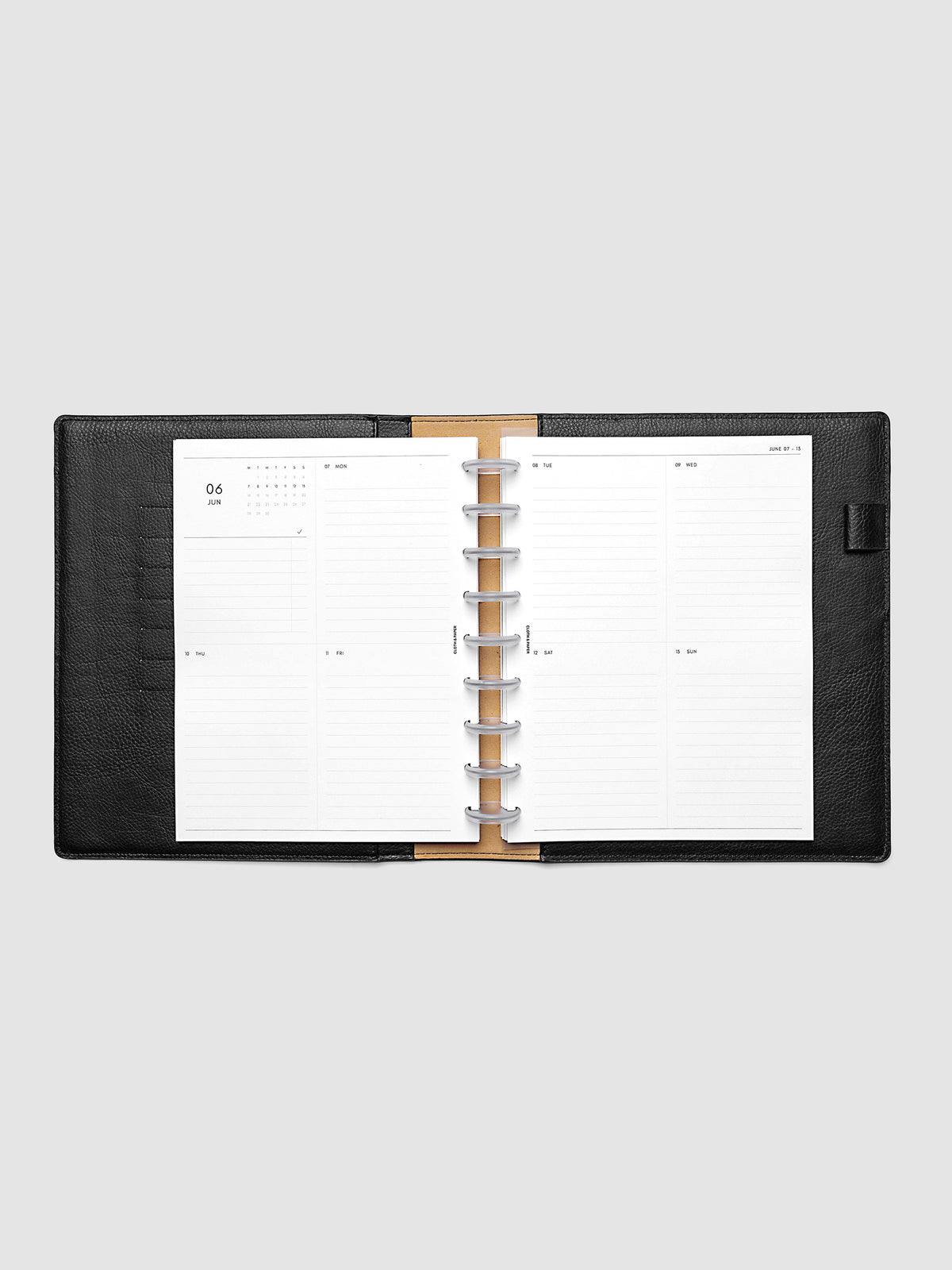 Both pages inside planner: 2027 Dated Weekly Vertical Planner Inserts, Monday Start, HP Classic 9-Disc Punch, full week-on-two-pages spread showing a two-column two-row daily grid with lined sections, mini monthly calendar and task list in the top left, shown inside a planner