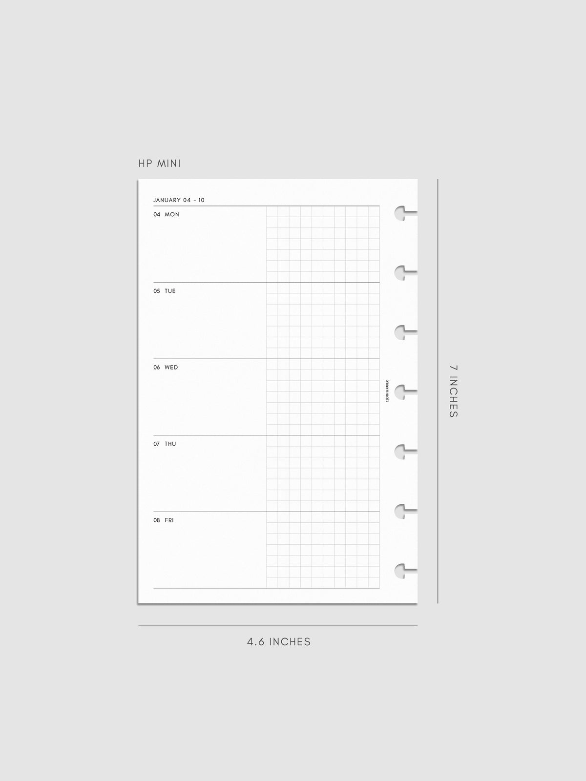 Mockup of the 2027 Dated Weekly Horizontal Planner Inserts | Monday Start's left page shown in size HP Mini 7-Disc Punch.