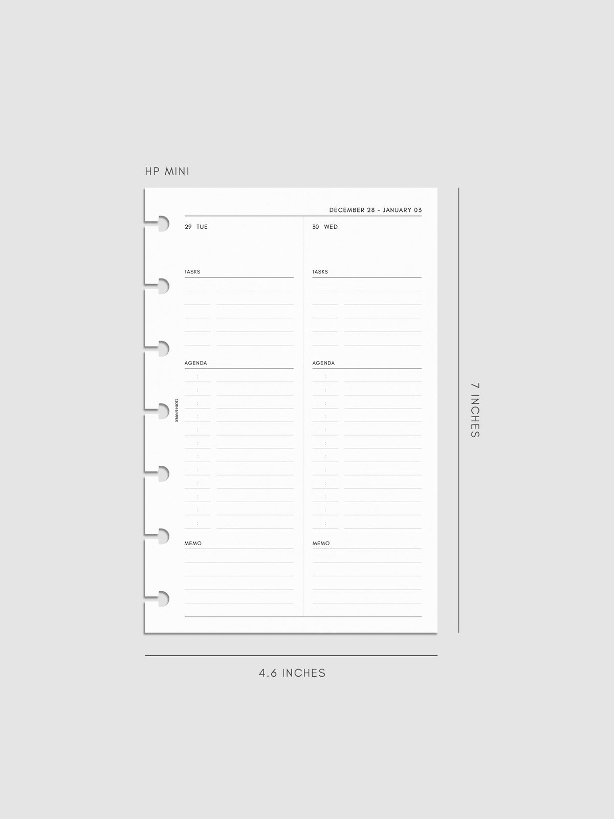 Right page layout of the 2027 Dated Daily Inserts | Monday Start in size HP Mini 7-Disc Punch
