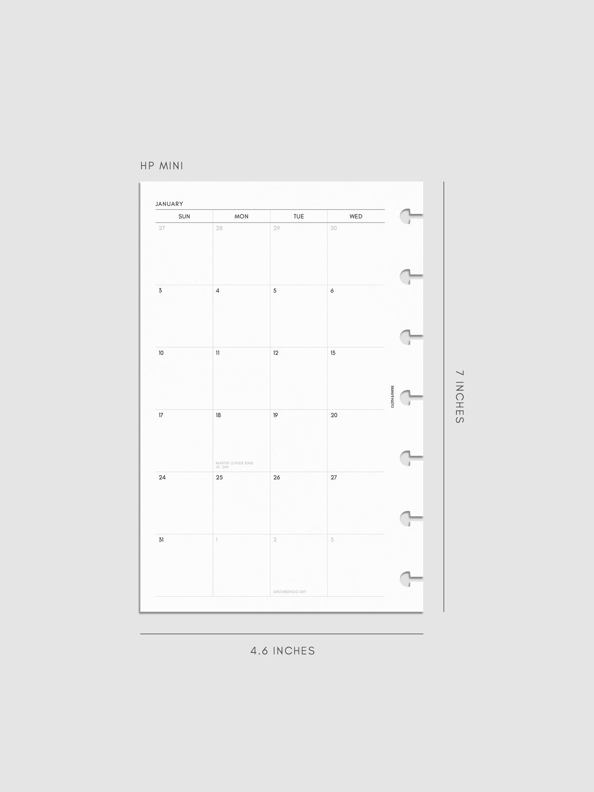 Left page of the 2027 Dated Monthly Sunday Start insert in HP Mini 7-Disc Punch size, showing the dated calendar grid