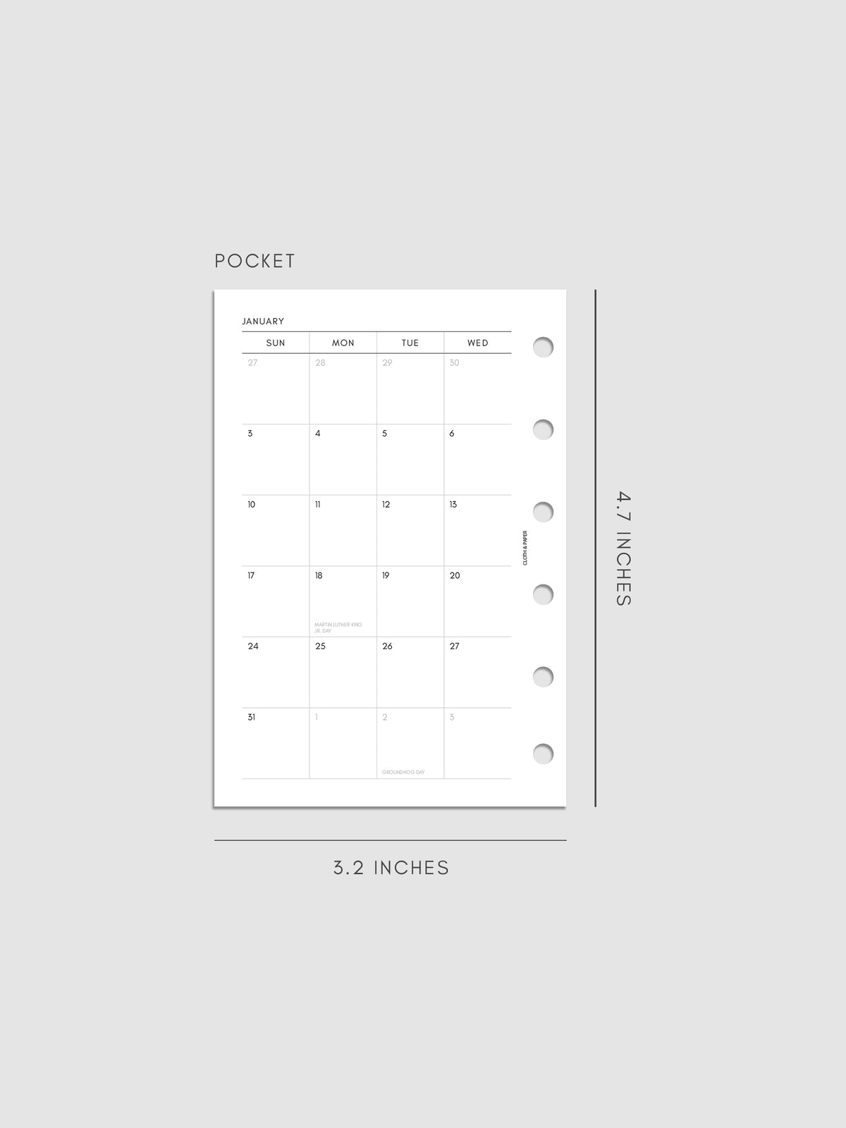 Left page of the 2027 Dated Monthly Sunday Start insert in Pocket 6-Ring Punch size, showing the dated calendar grid