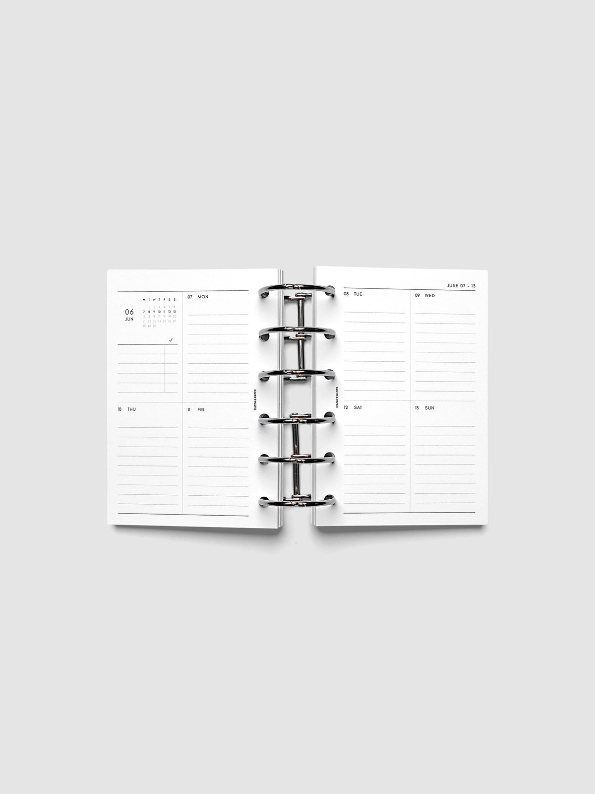 Both pages inside planner: 2027 Dated Weekly Vertical Planner Inserts, Monday Start, Pocket 6-Ring Punch, full week-on-two-pages spread showing a two-column two-row daily grid with lined sections, mini monthly calendar and task list in the top left, shown inside a planner
