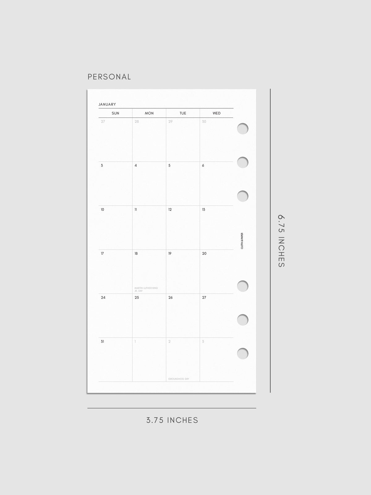 Left page of the 2027 Dated Monthly Sunday Start insert in Personal 6-Ring Punch size, showing the dated calendar grid