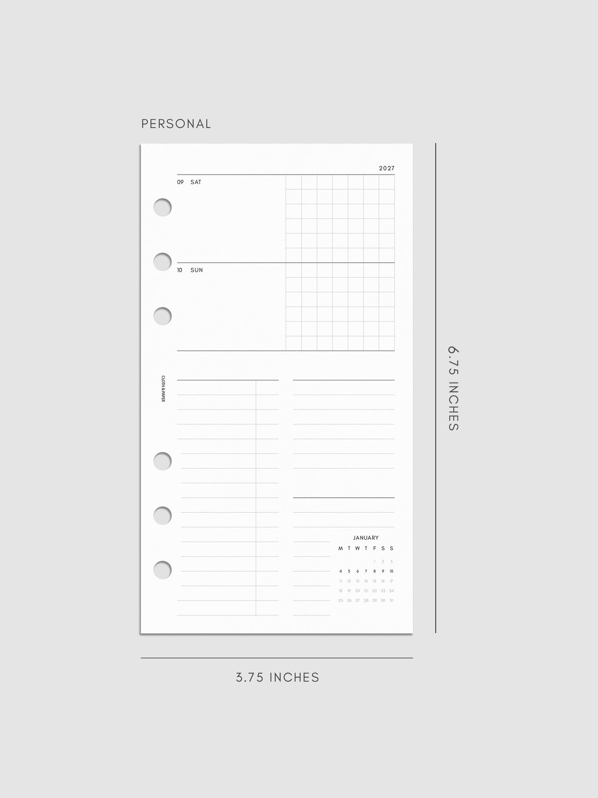 Mockup of the 2027 Dated Weekly Horizontal Planner Inserts | Monday Start's right page shown in size Personal 6-Ring Punch.