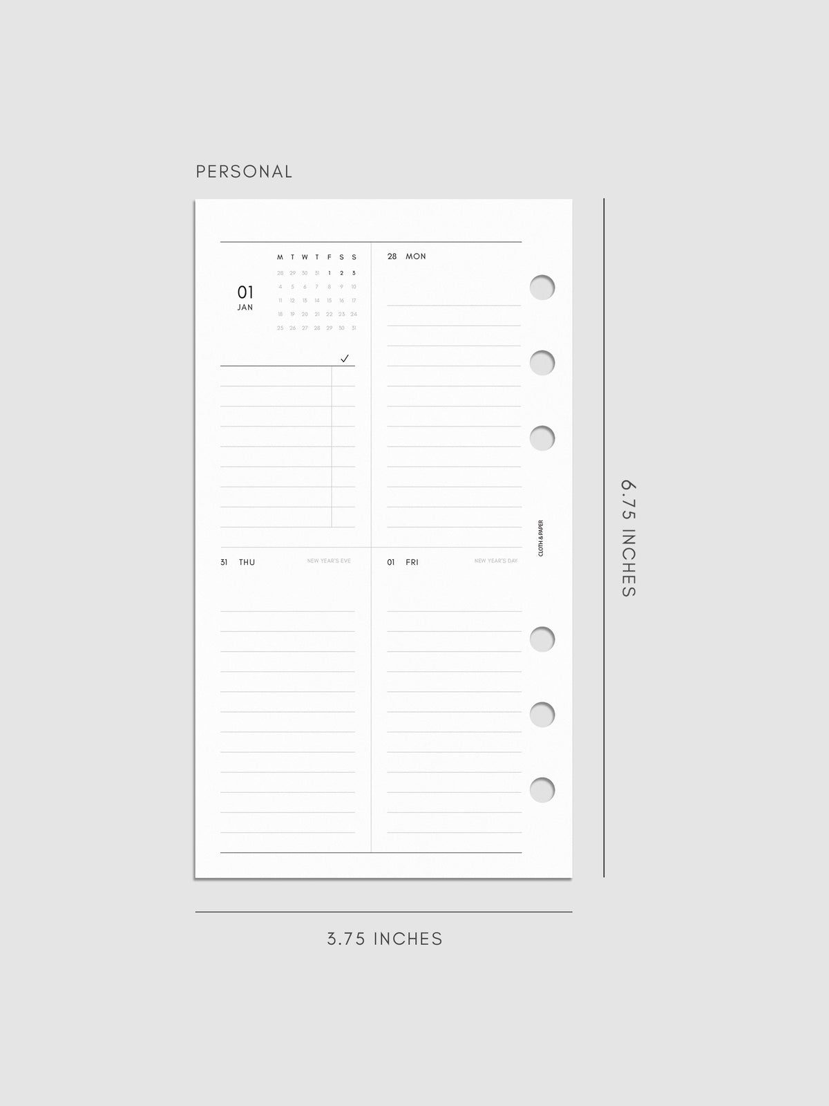 2027 Dated Weekly Vertical Planner Inserts, Monday Start, Personal 6-Ring Punch, left page of weekly spread showing a two-column two-row daily grid with mini monthly calendar and task list alongside Monday and lined sections throughout