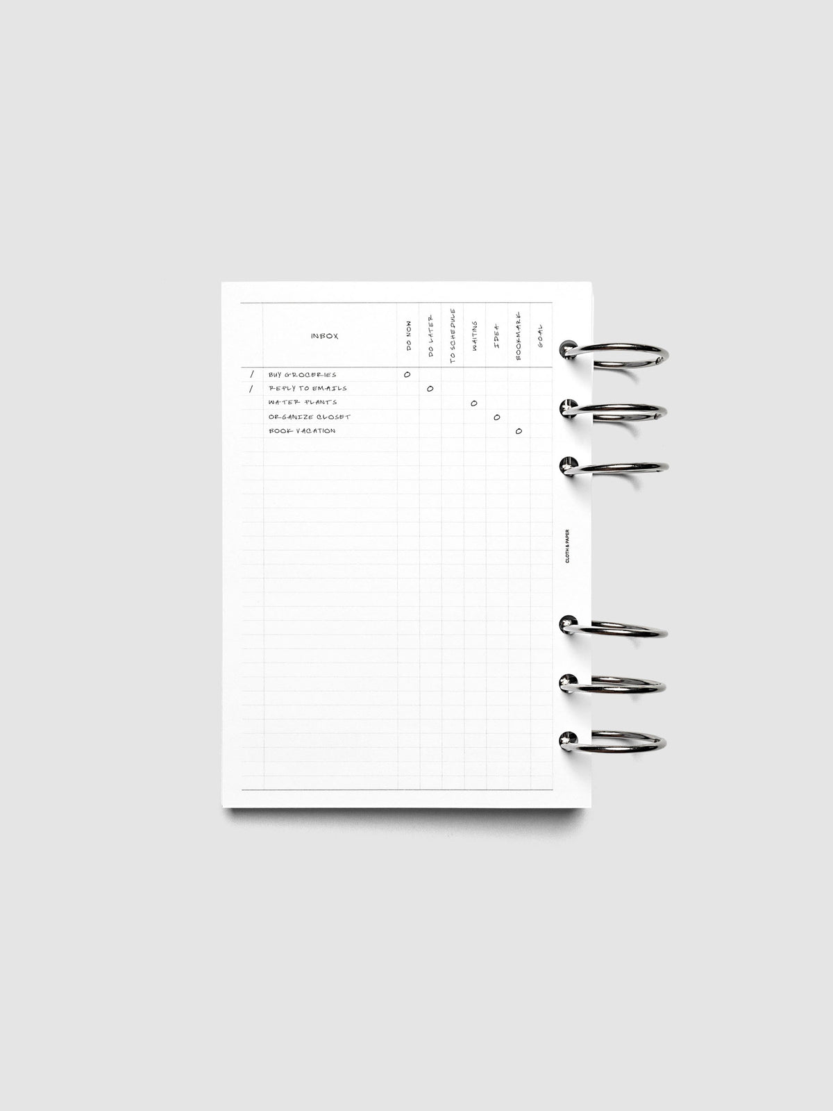 Demo page for Inbox Sorting Planner Inserts shown pre-punched for 6-Ring Personal Wide planners.