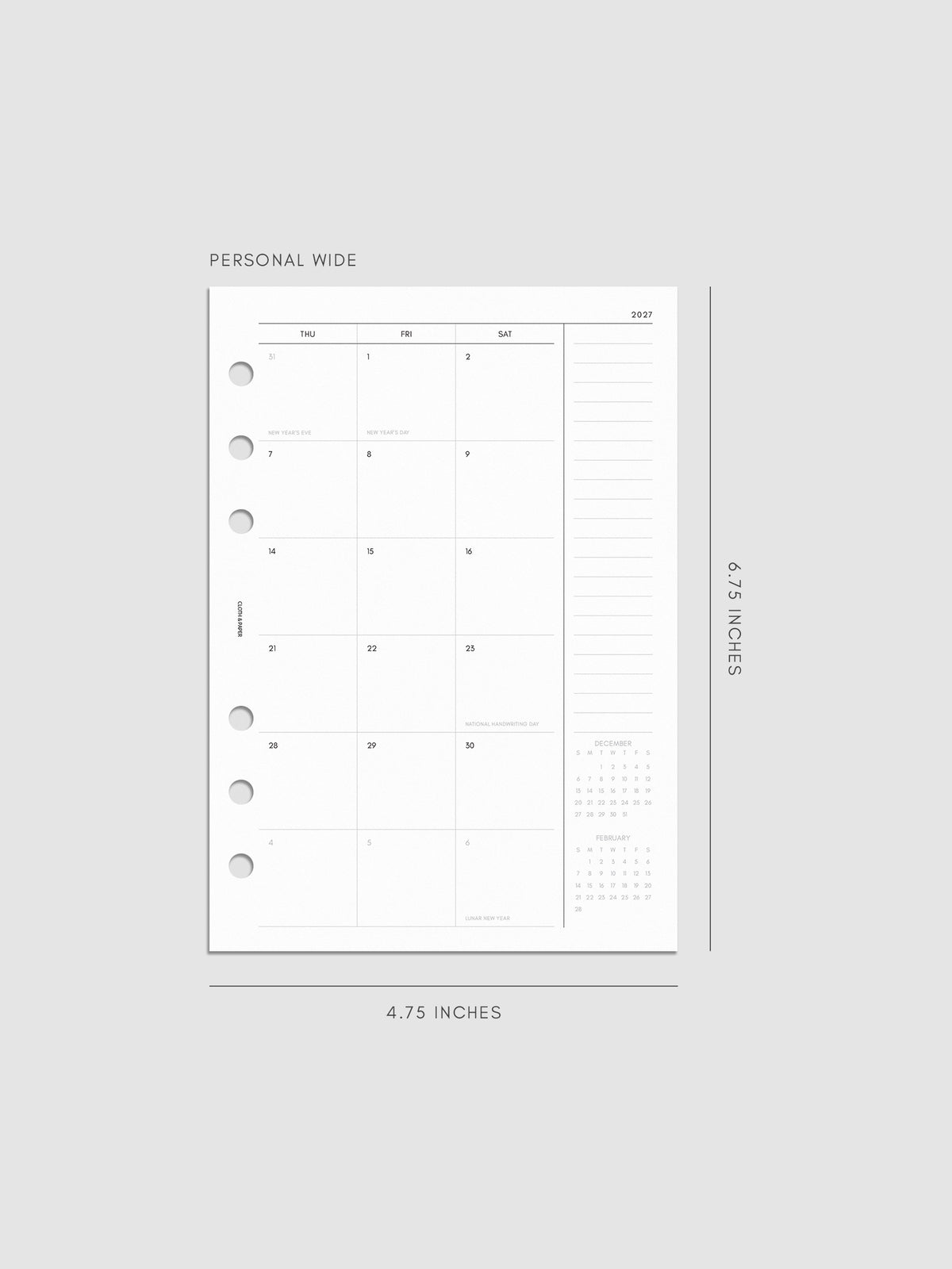 Right page of the 2027 Dated Monthly Sunday Start insert in Personal Wide 6-Ring Punch size, showing the dated calendar grid with a notes column and mini calendars in the bottom right corner