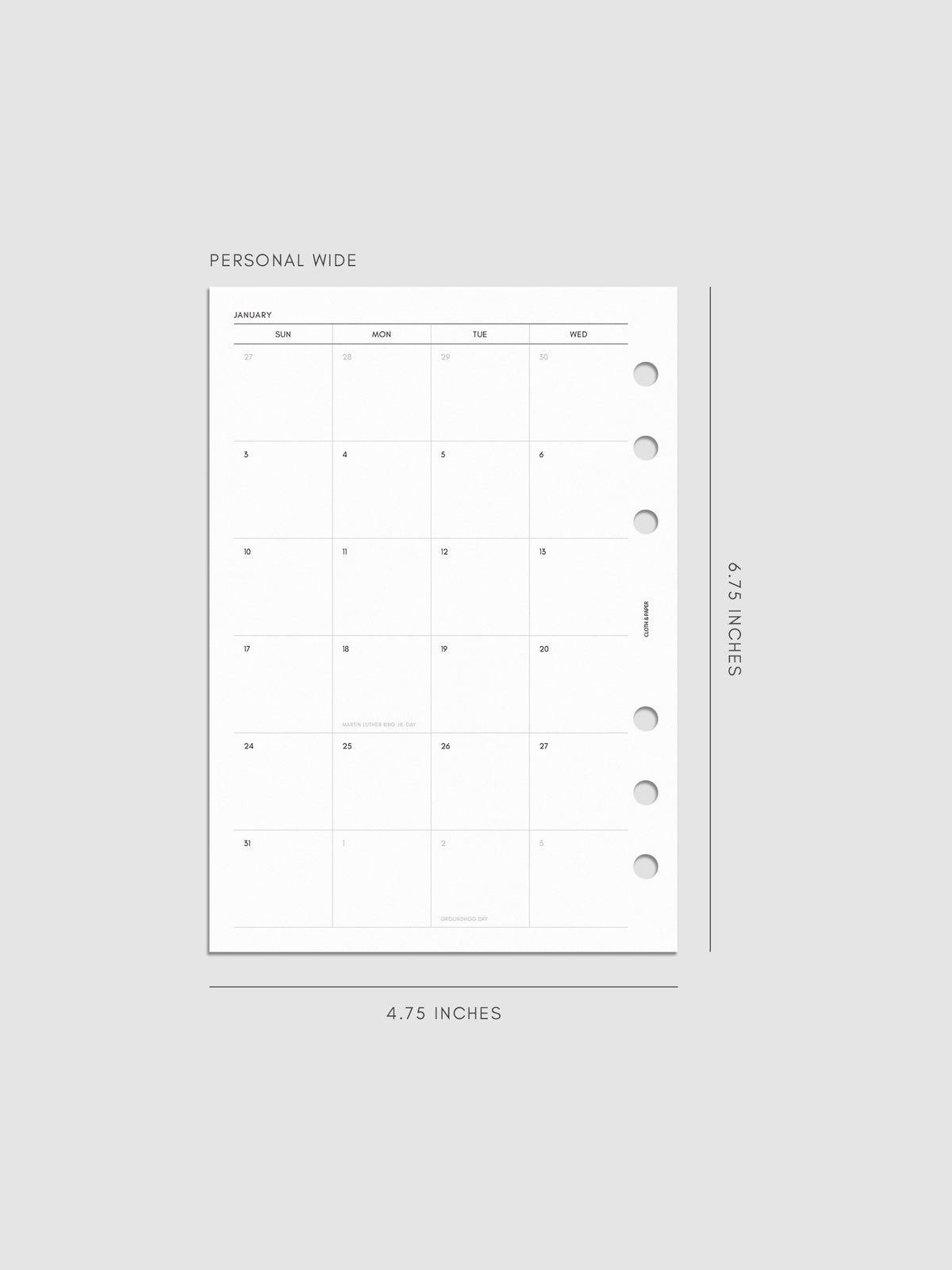 Left page of the 2027 Dated Monthly Sunday Start insert in Personal Wide 6-Ring Punch size, showing the dated calendar grid