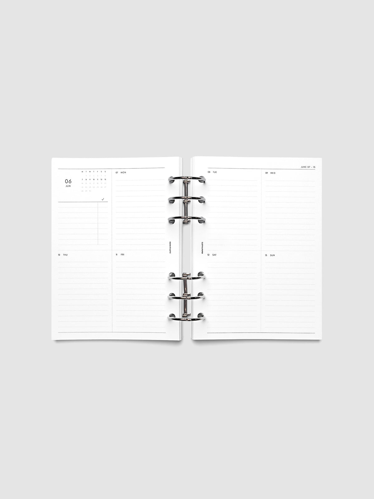 Both pages inside planner: 2027 Dated Weekly Vertical Planner Inserts, Monday Start, Personal Wide 6-Ring Punch, full week-on-two-pages spread showing a two-column two-row daily grid with lined sections, mini monthly calendar and task list in the top left, shown inside a planner